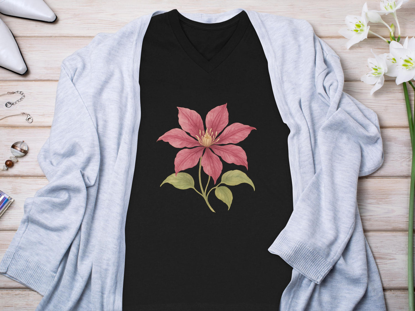 Beautiful Floral Blossom Design on Black T-Shirt product