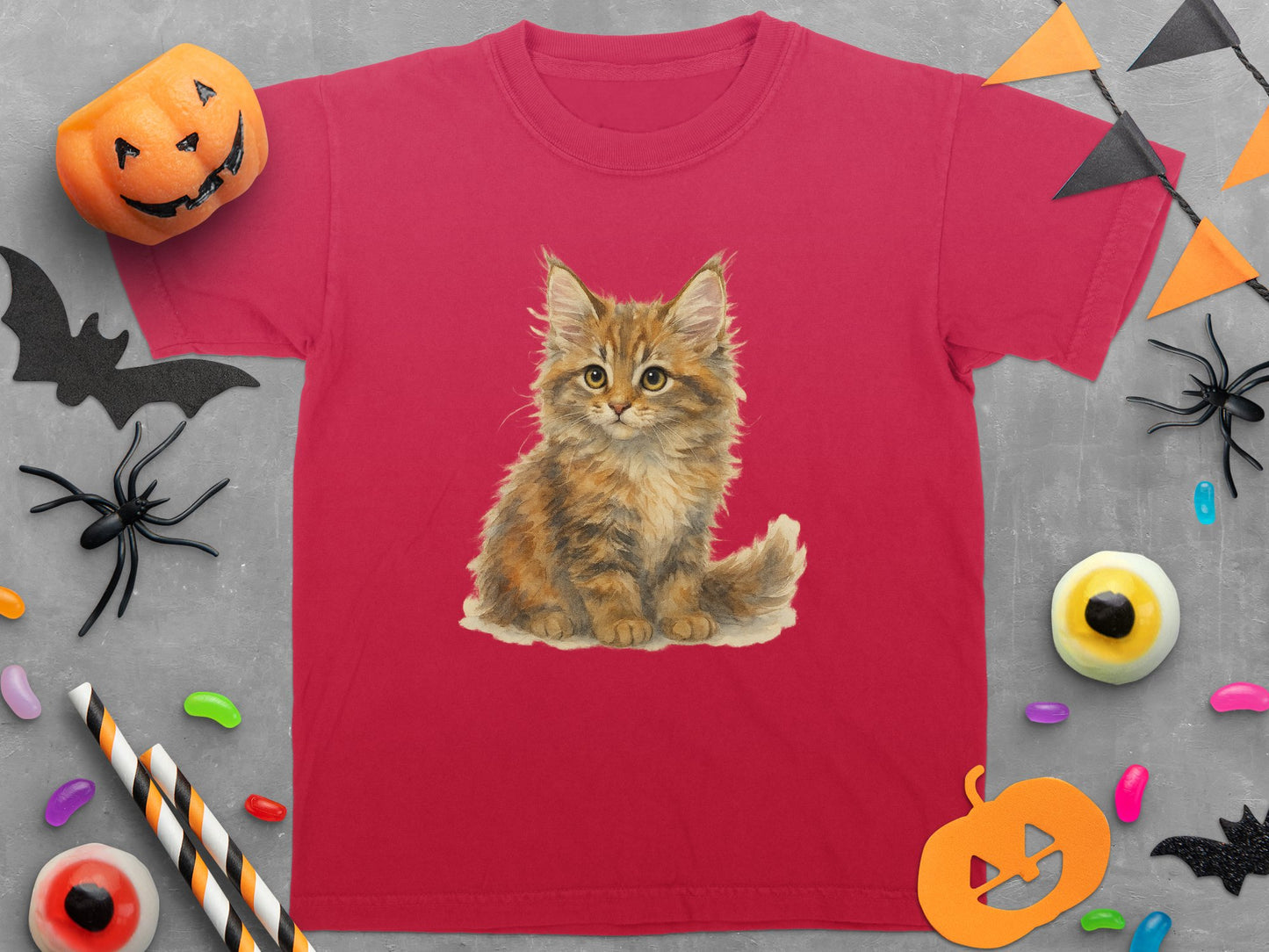 Cute Orange Kitten Graphic on Red T-Shirt product
