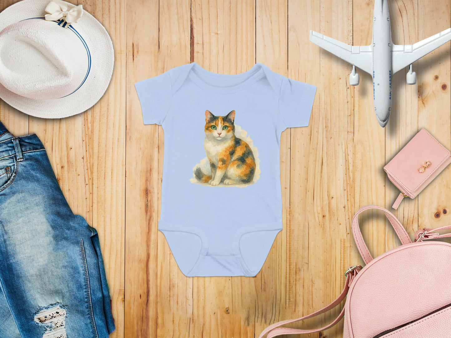 Cute Calico Cat Design on Baby Blue Onesie product