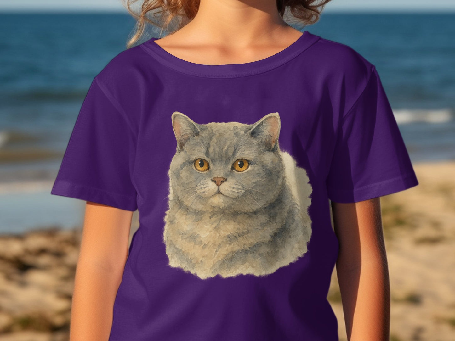 Adorable Grey Cat Print On Purple Kids T-Shirt product