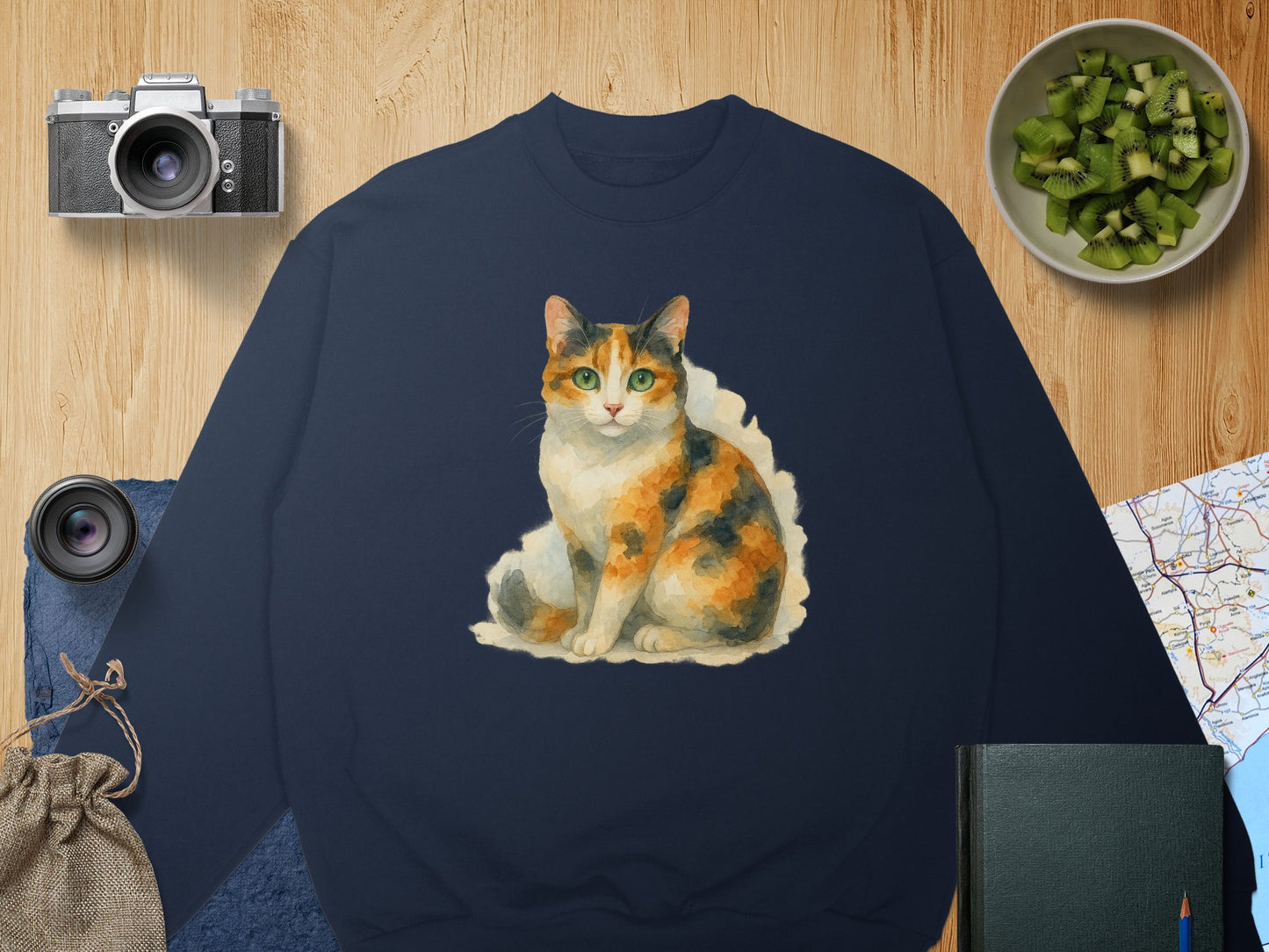 Colorful Sitting Calico Cat Artwork on Blue Sweatshirt product