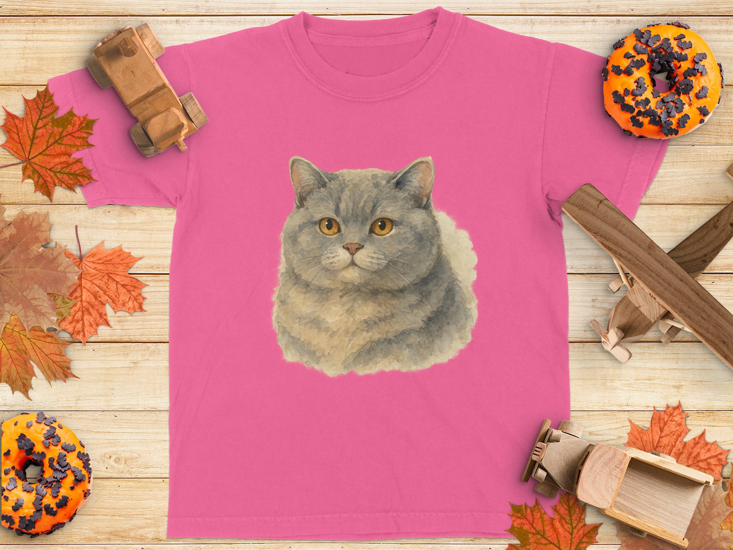 Cute Gray Cat Face Print on Pink T-Shirt product