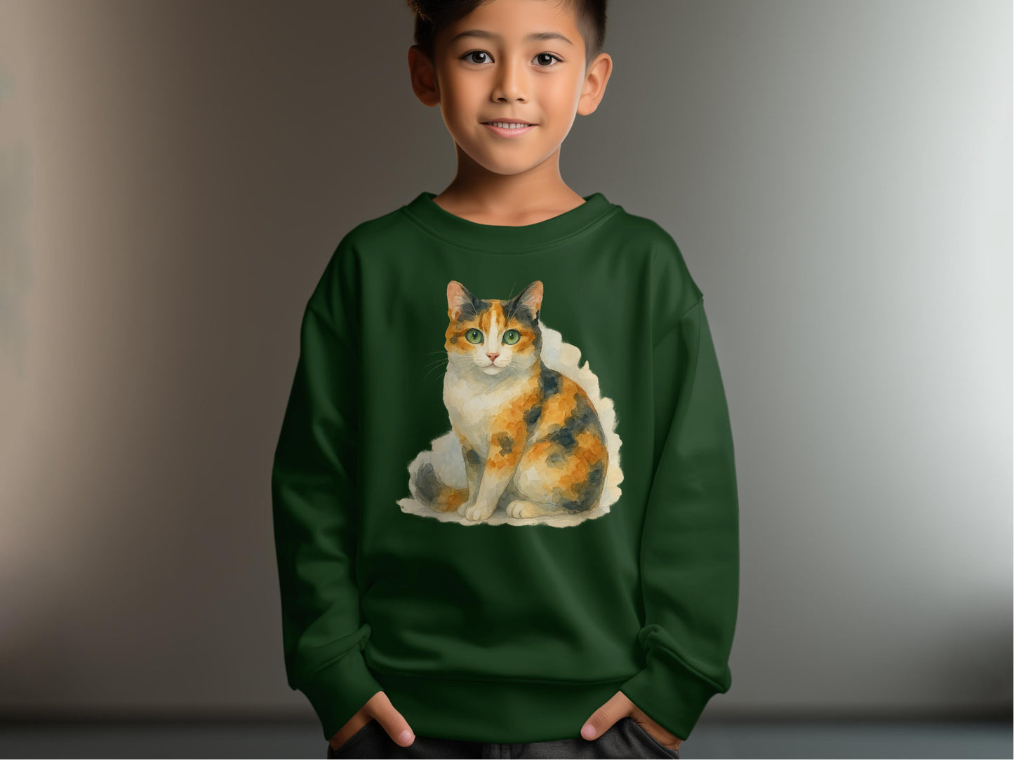 Cute Calico Cat Graphic on Green Kids Sweatshirt product type