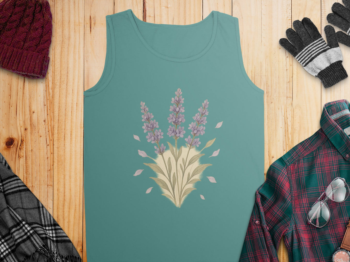 Lavender Floral Design on Teal Tank Top product type