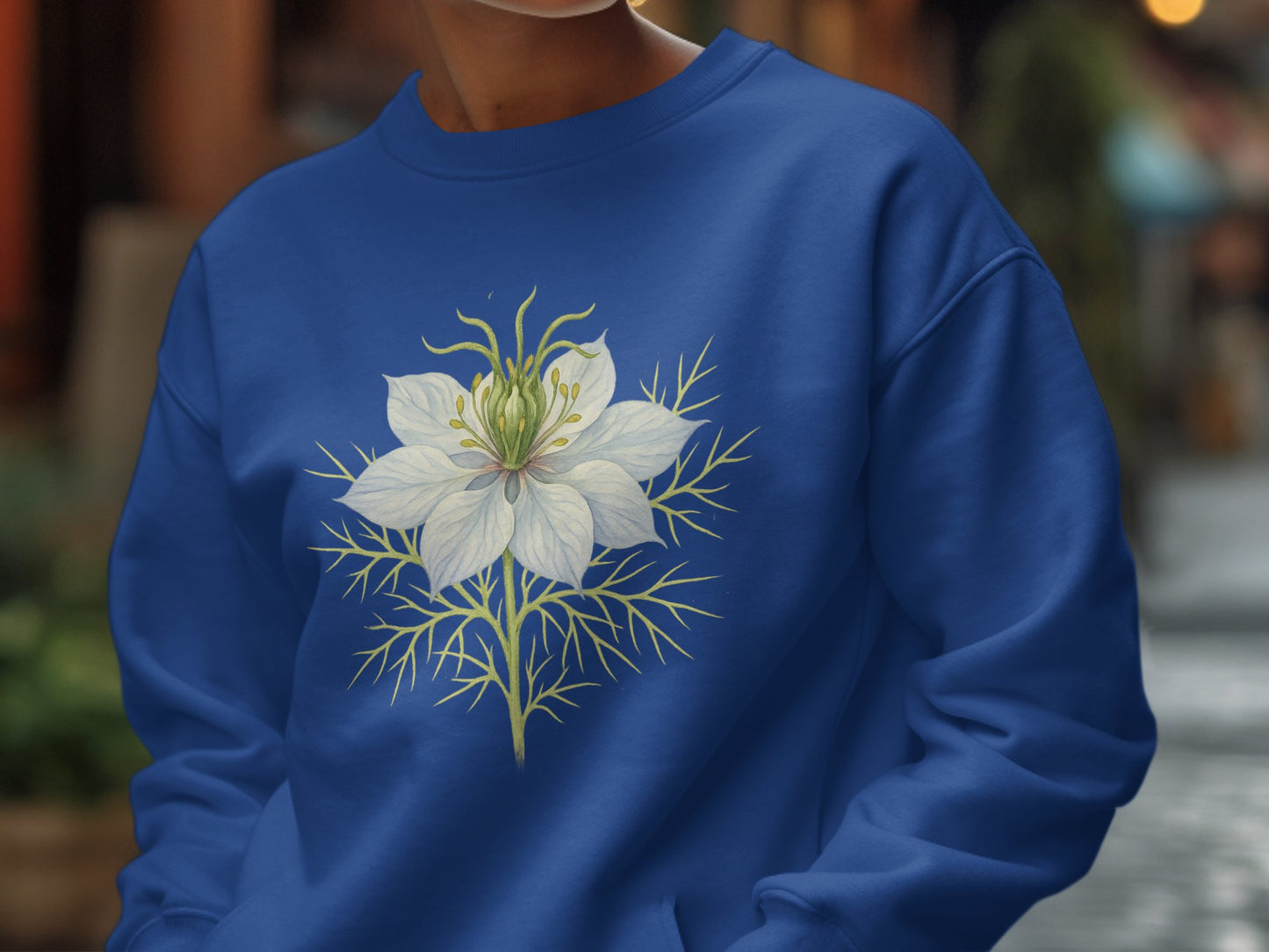 Elegant Blue Sweatshirt with Delicate Floral Design product type