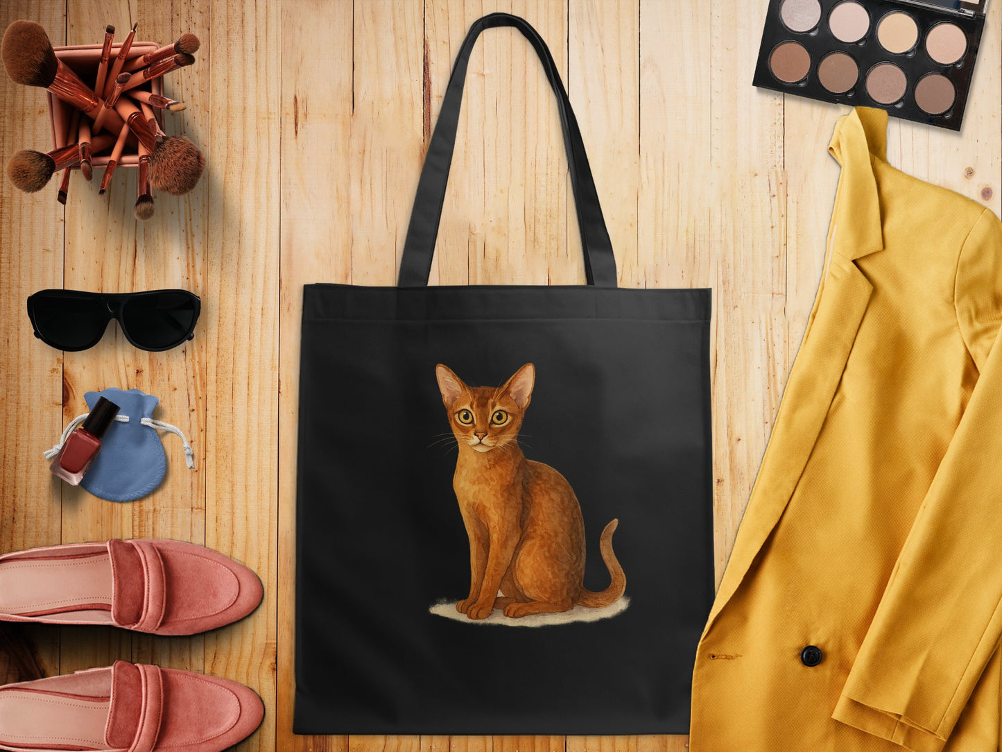 Cute Brown Cat Illustration on Black Tote Bag product