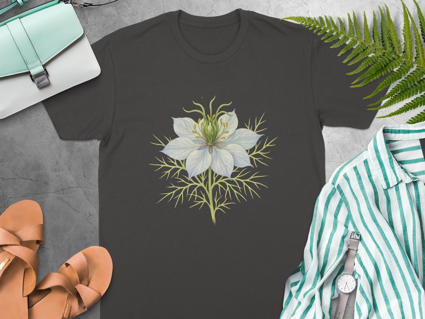 White Flower Illustration Design Black T-Shirt product type
