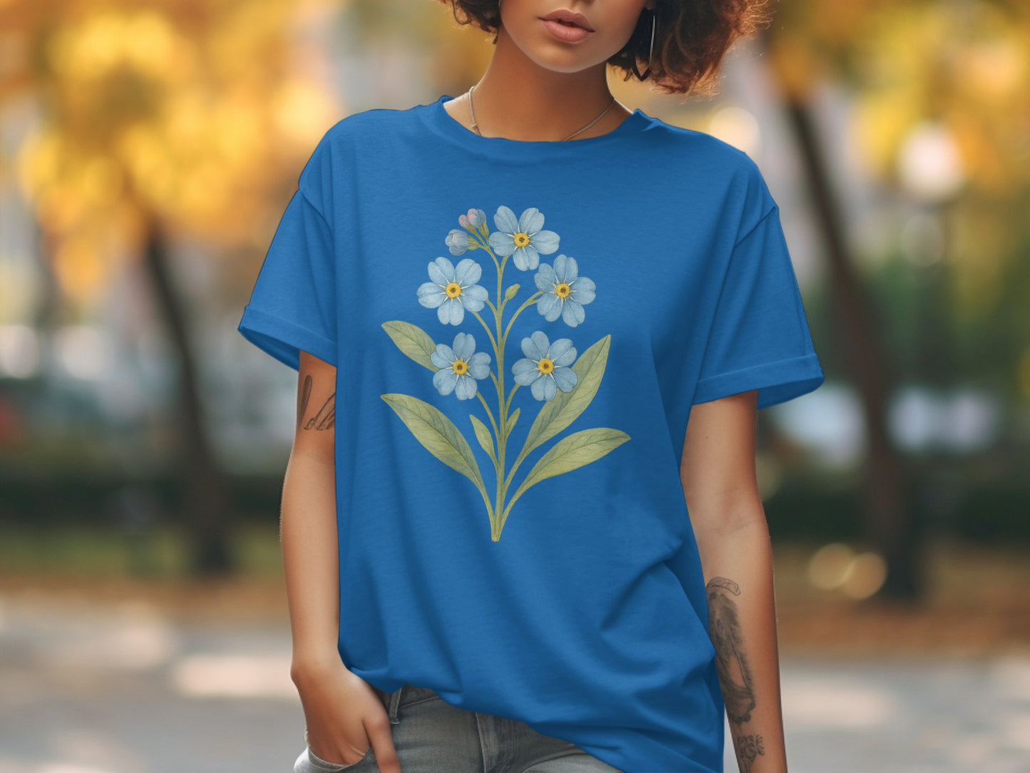 Blue T-shirt with Floral Design Graphic Tee product type