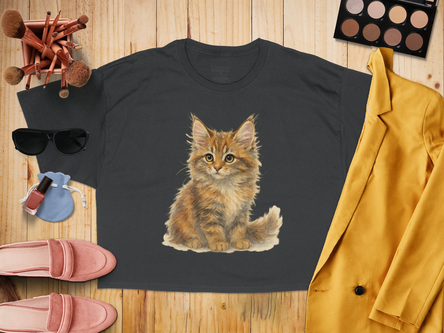 Cute Fluffy Kitten Print Charcoal T-shirt product type