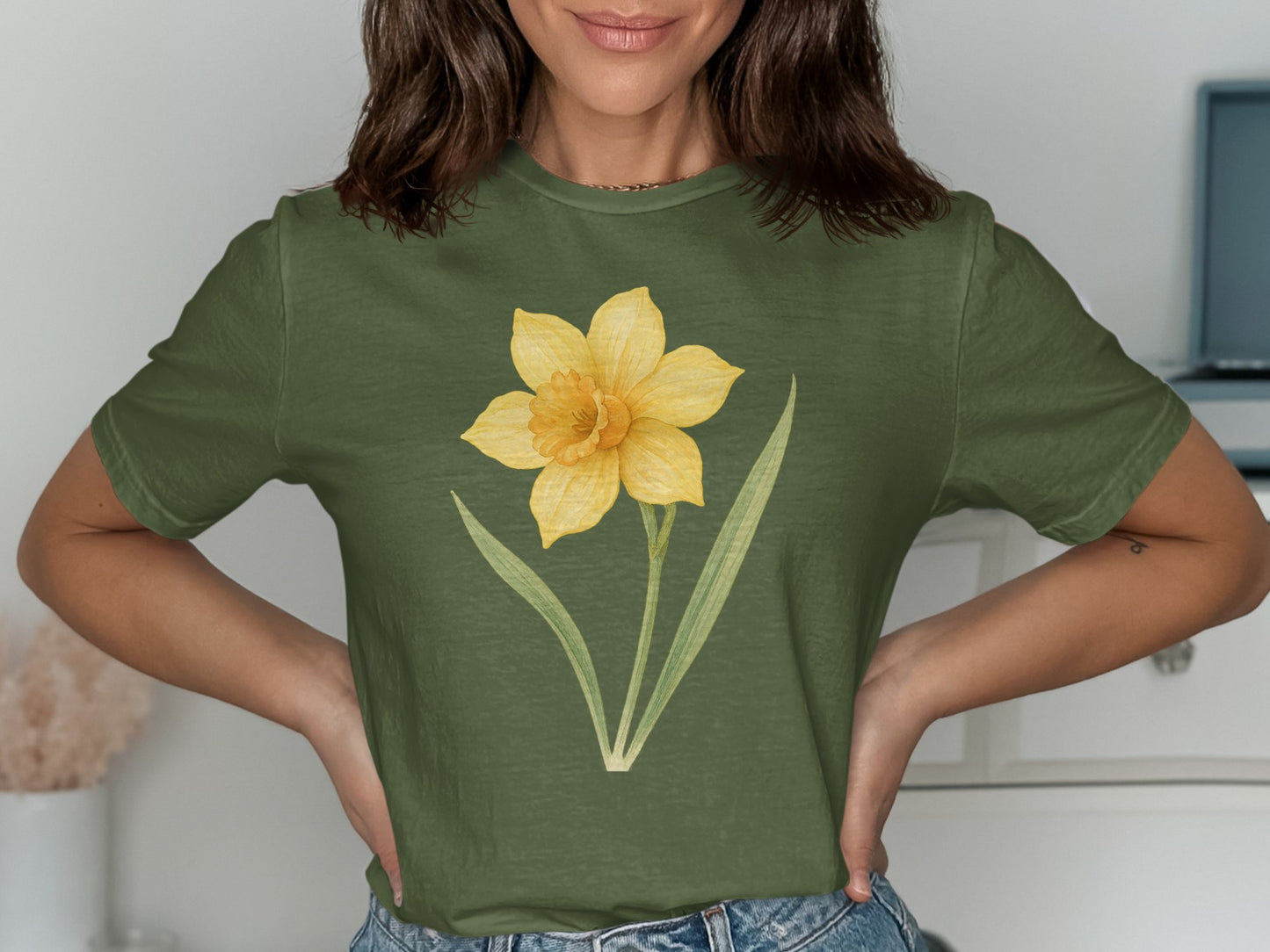 Yellow Daffodil Graphic Printed Green Shirt product type