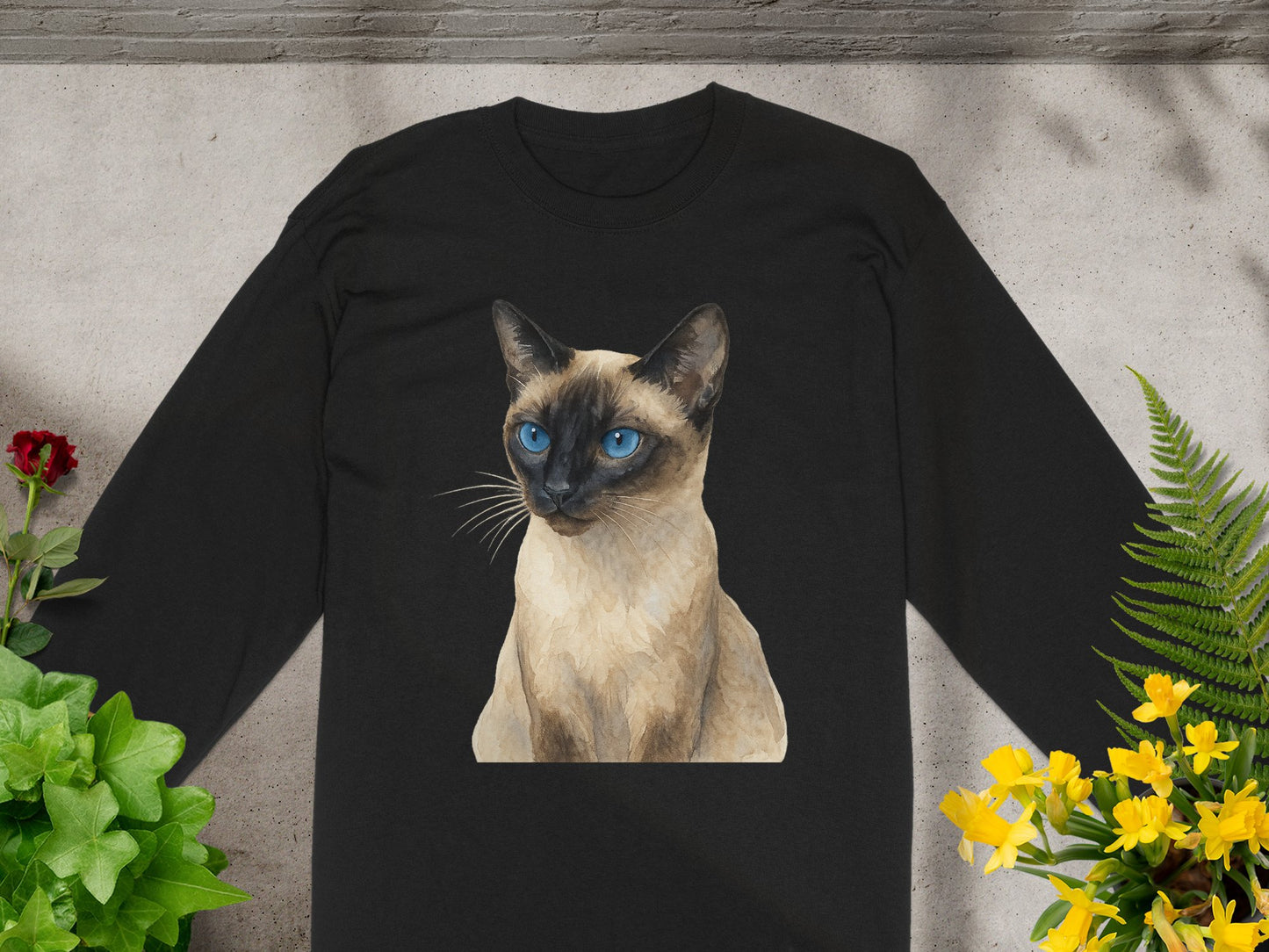 Charming Blue-Eyed Siamese Cat Design on Black Shirt product type