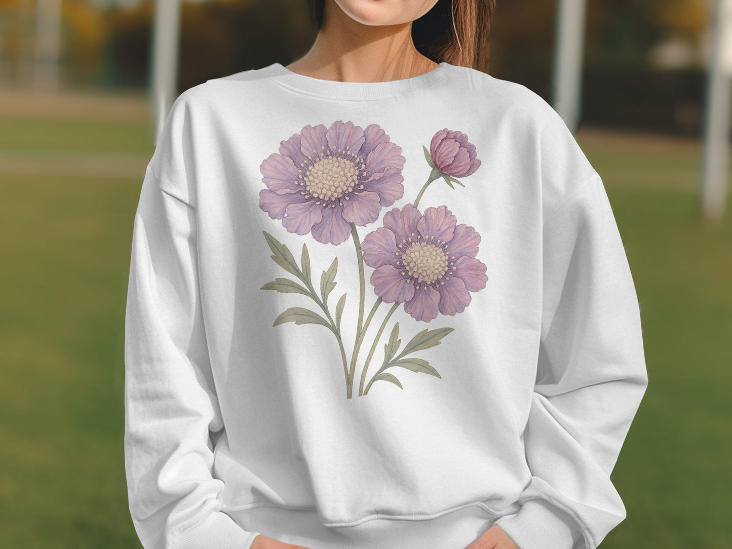 Beautiful floral graphic on white cozy sweatshirt product