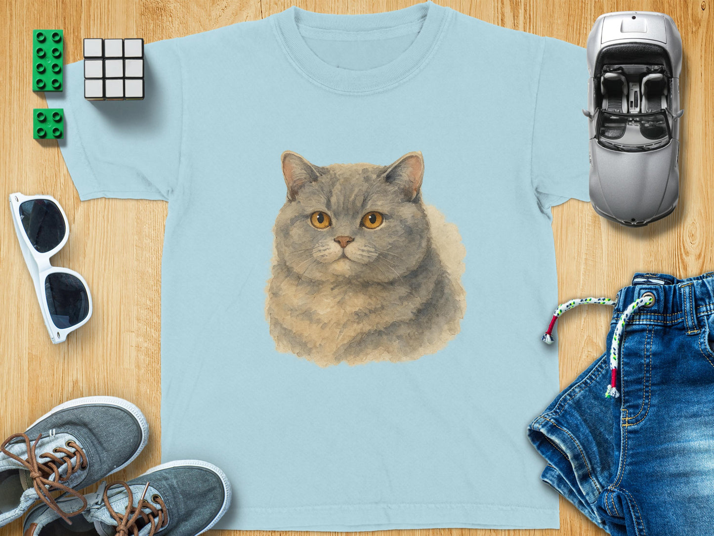 Realistic Cat Portrait Design Blue Shirt product type