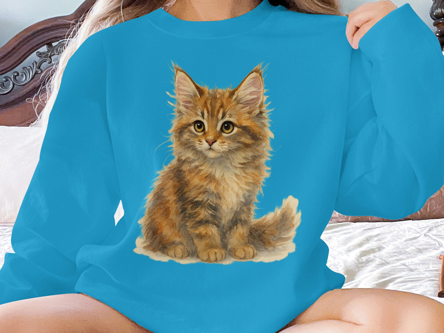 Cute Fluffy Kitten Design on Blue Sweatshirt product type