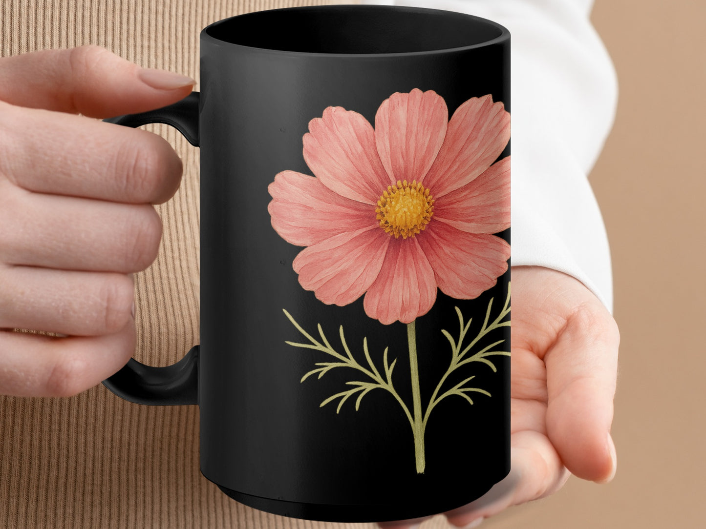 Elegant Black Mug with Delicate Pink Flower Design product