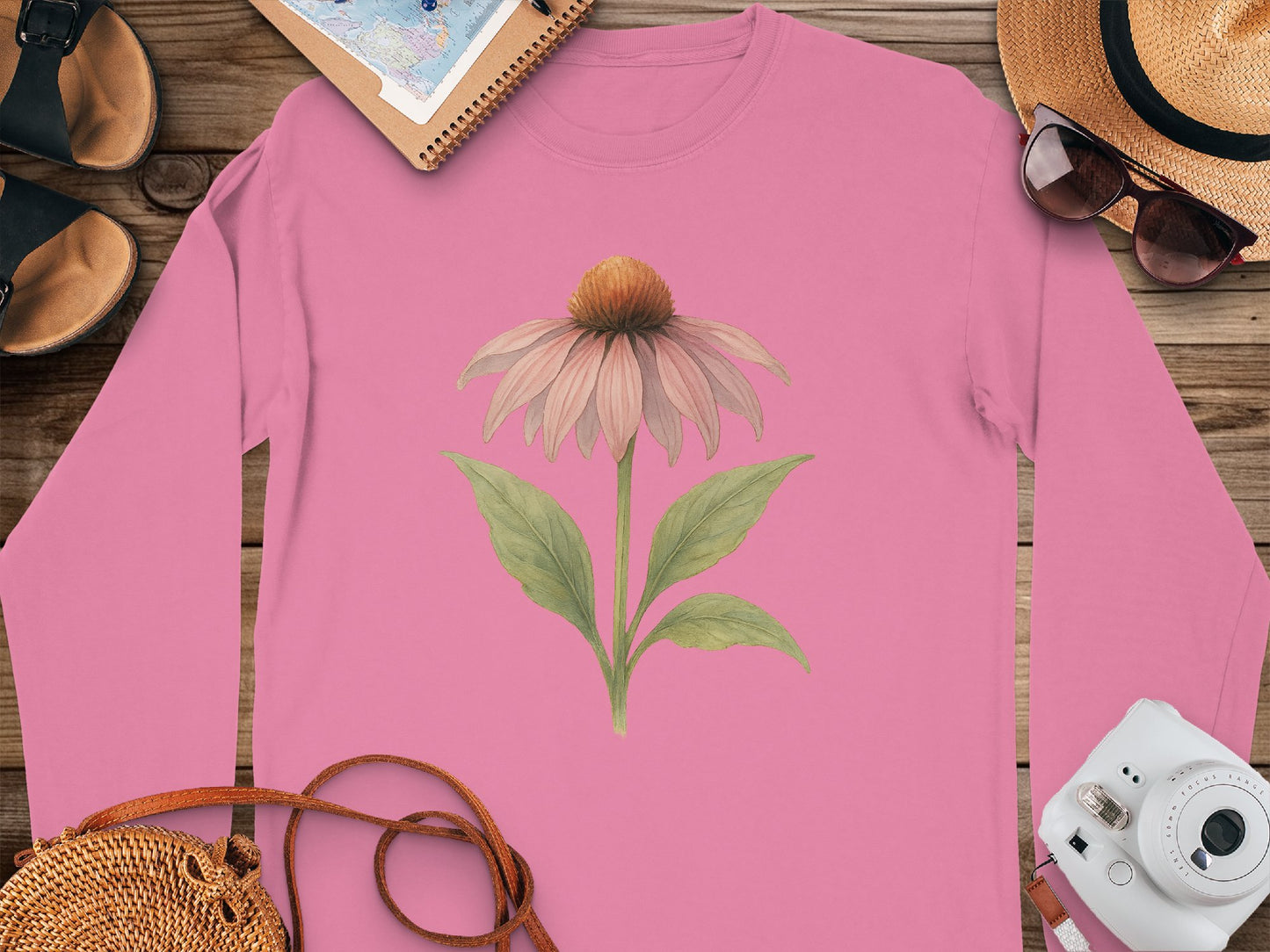 Floral Pink Long Sleeve Shirt with Coneflower Print product