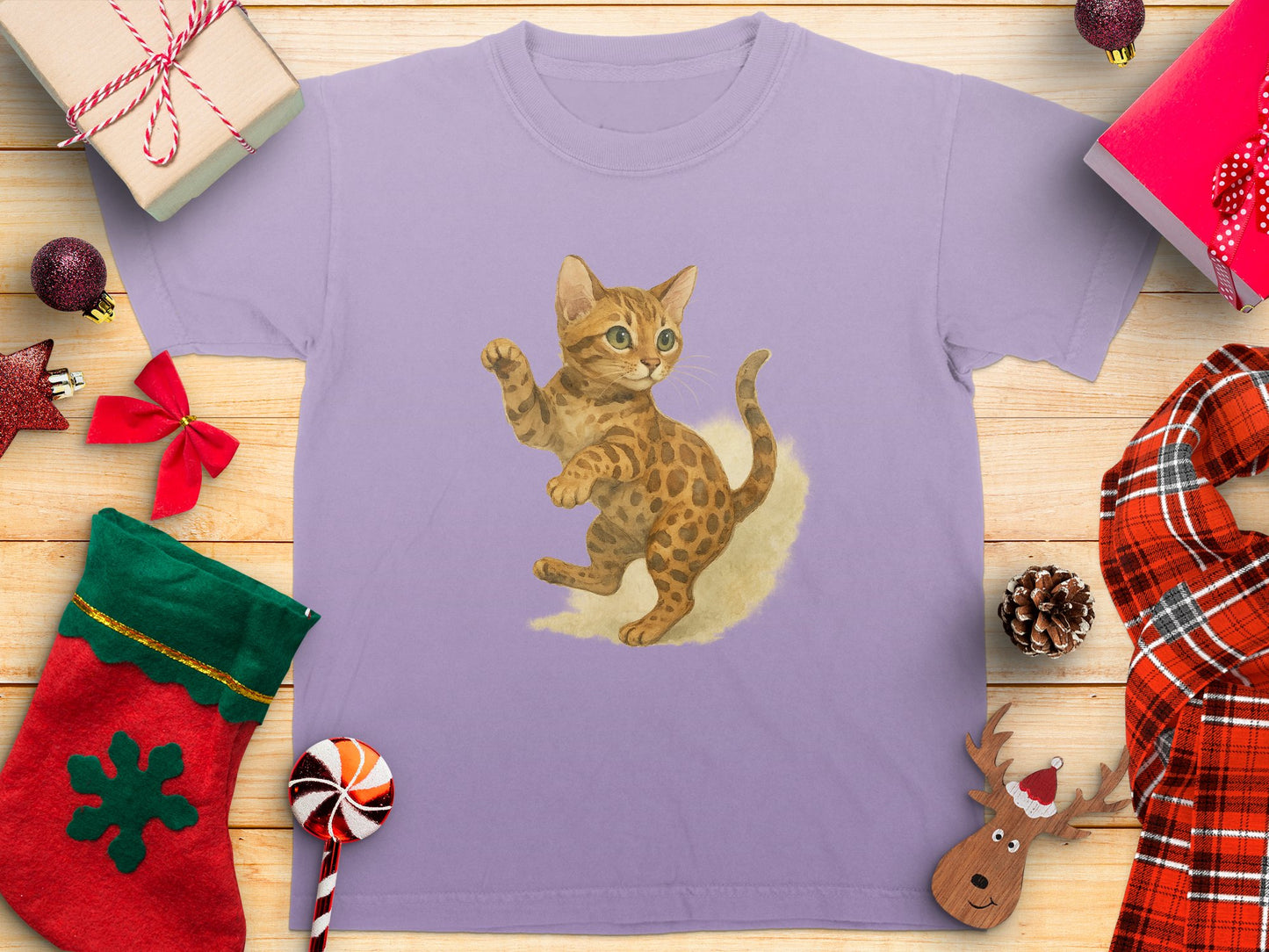 Playful Kitten Design on Lilac Background T-Shirt Product