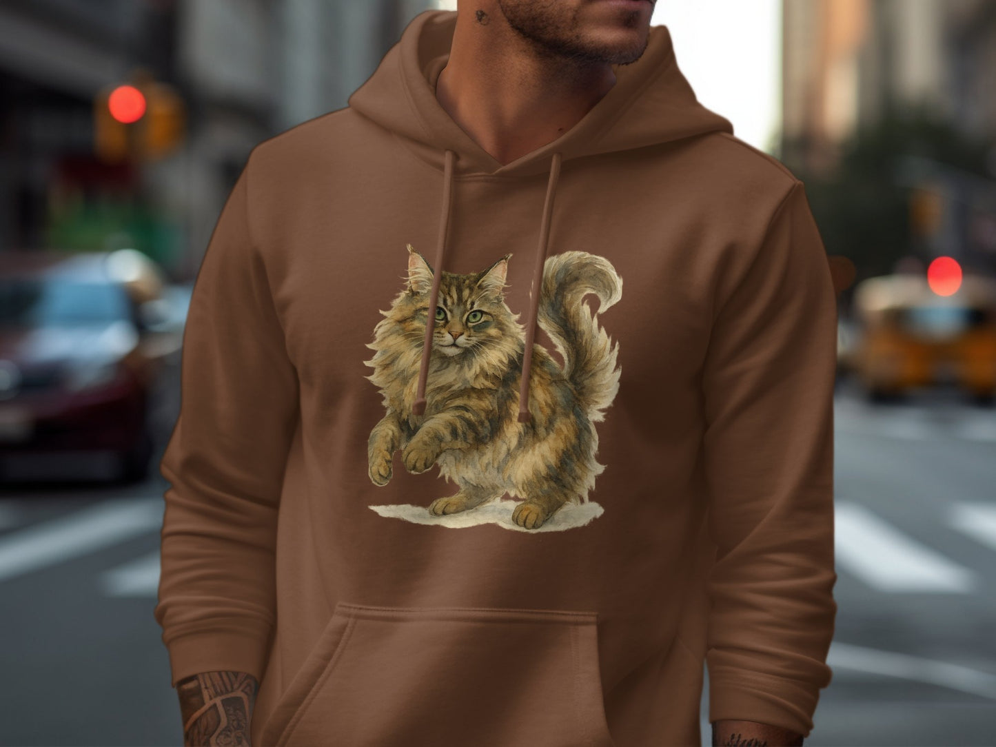 Charming Cat Artwork on Brown Hoodie product