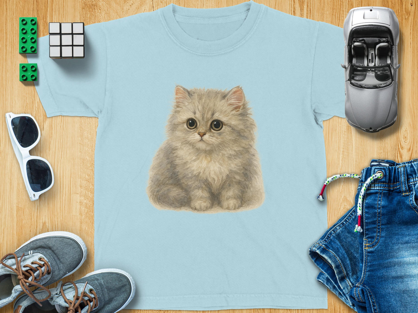 Cute Fluffy Kitten Print on Blue T-Shirt for Kids product