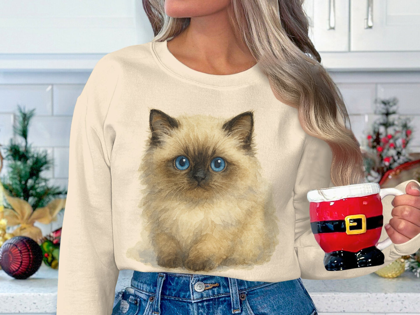 Cute Blue-eyed Fluffy Cat Printed Sweatshirt product