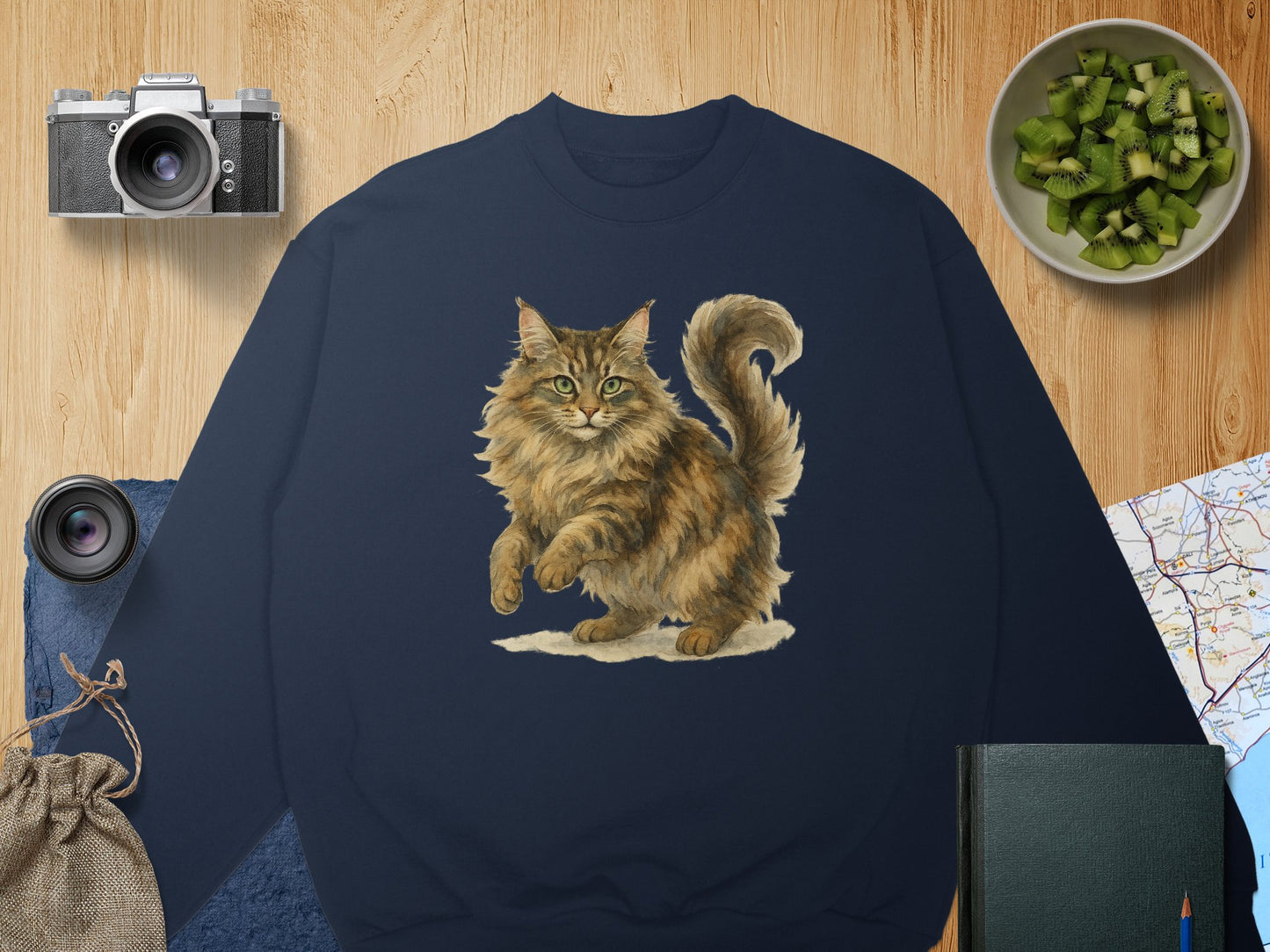 Fluffy Cat Design Dark Blue Pullover Sweatshirt product type