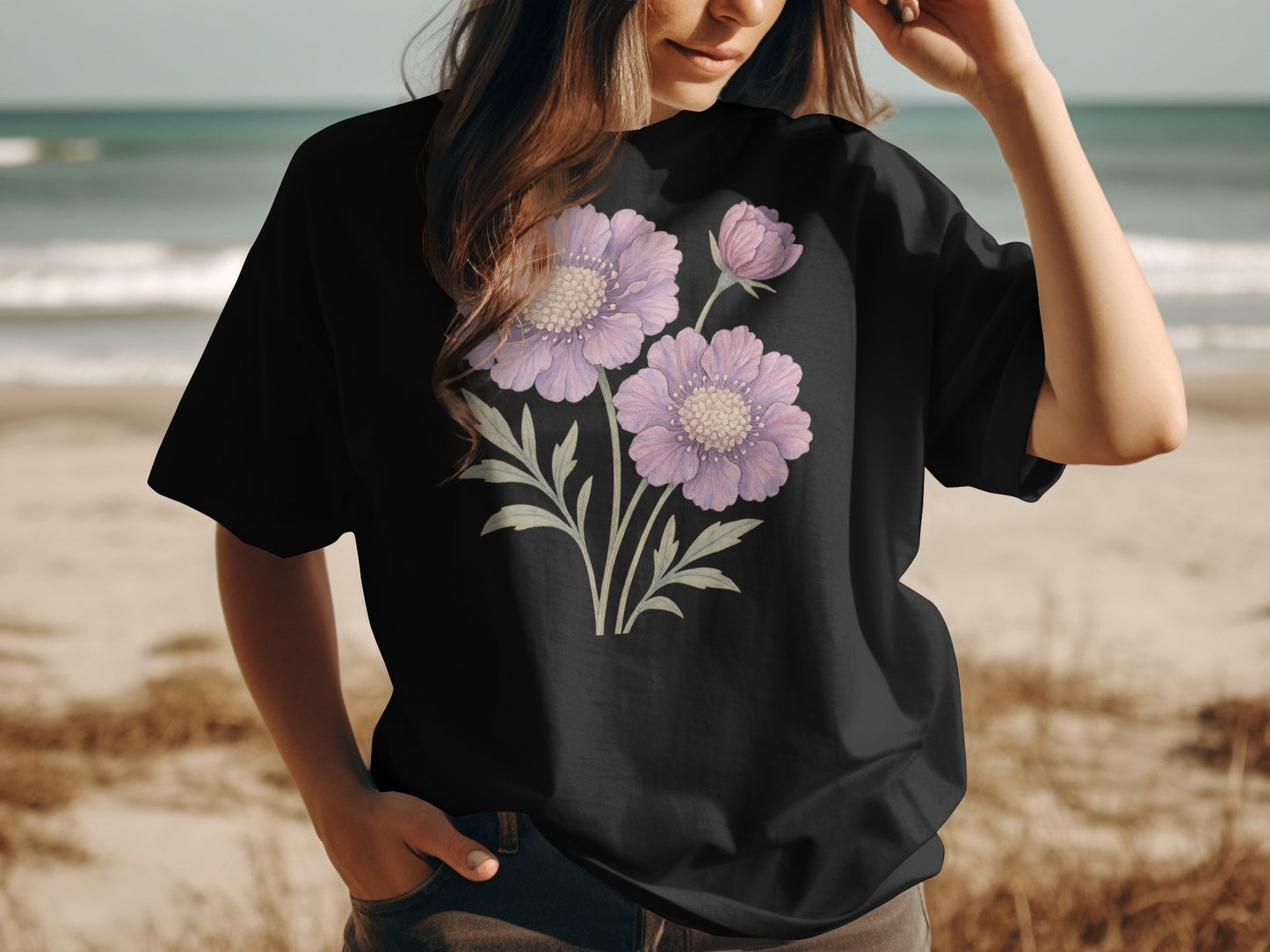 Floral Purple Blooms Design on Black Shirt product