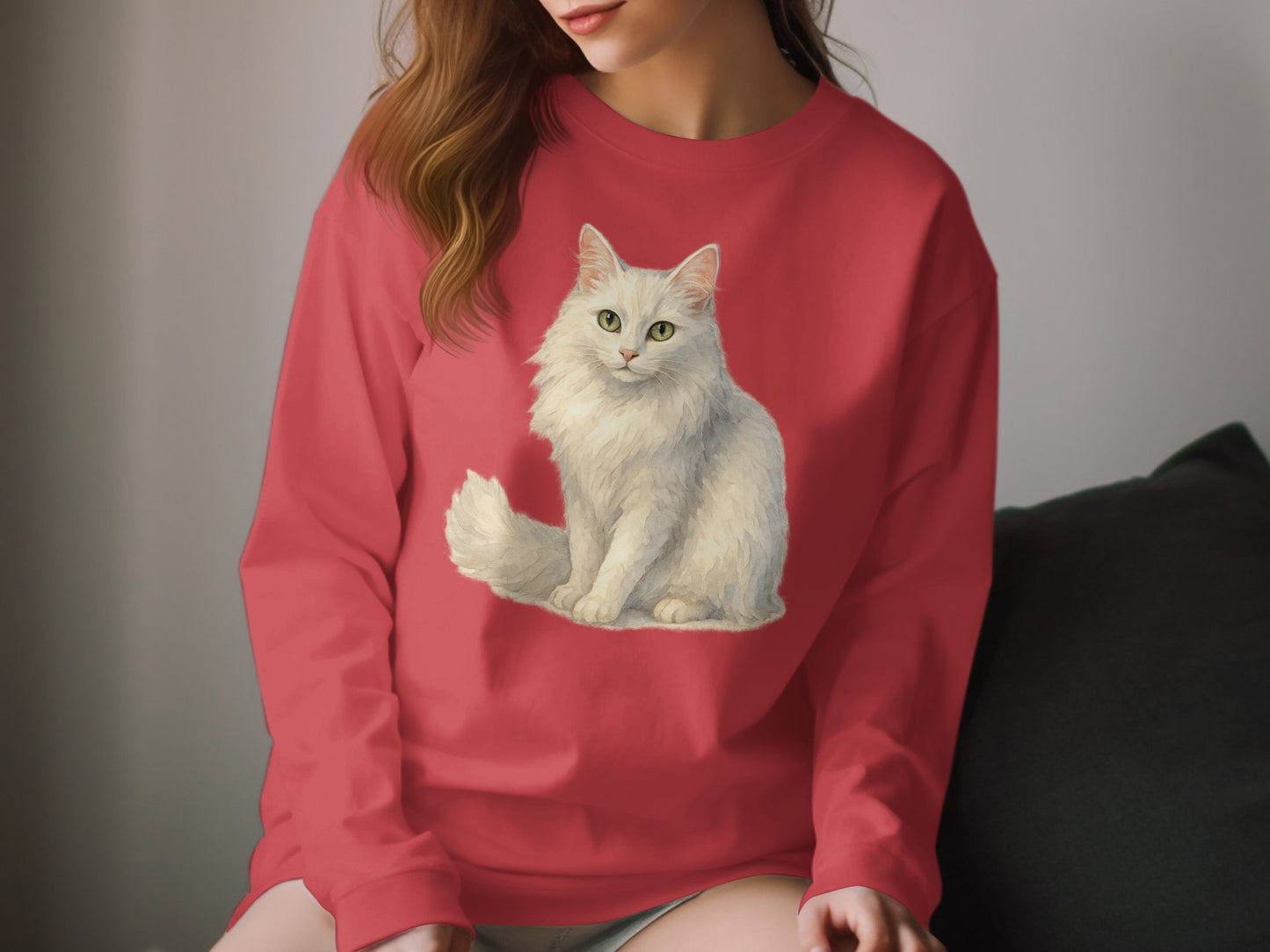 Beautiful Realistic Cat Print Red Long Sleeve Shirt product
