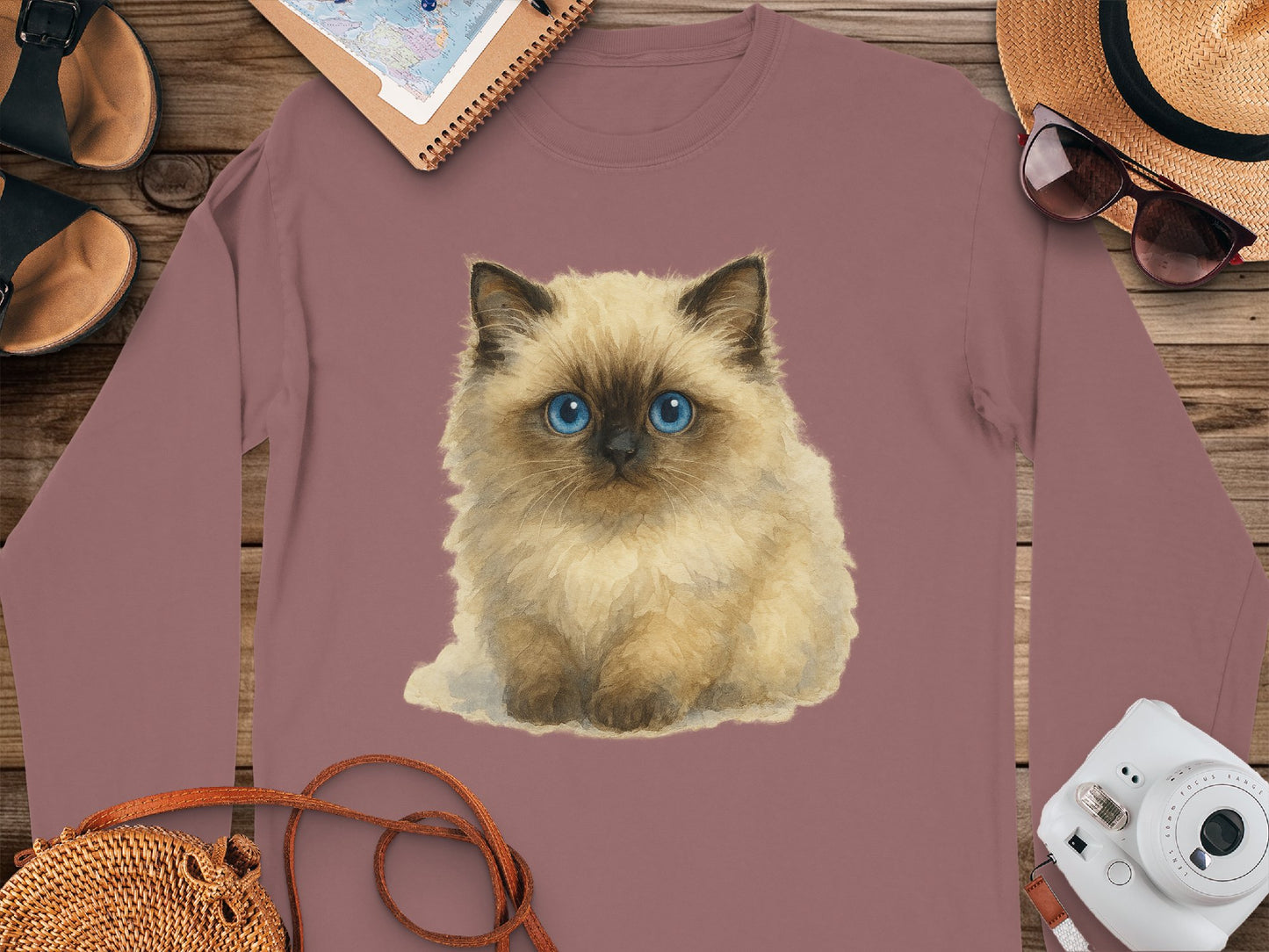 Adorable Fluffy Kitten Design on Long Sleeve Shirt Product