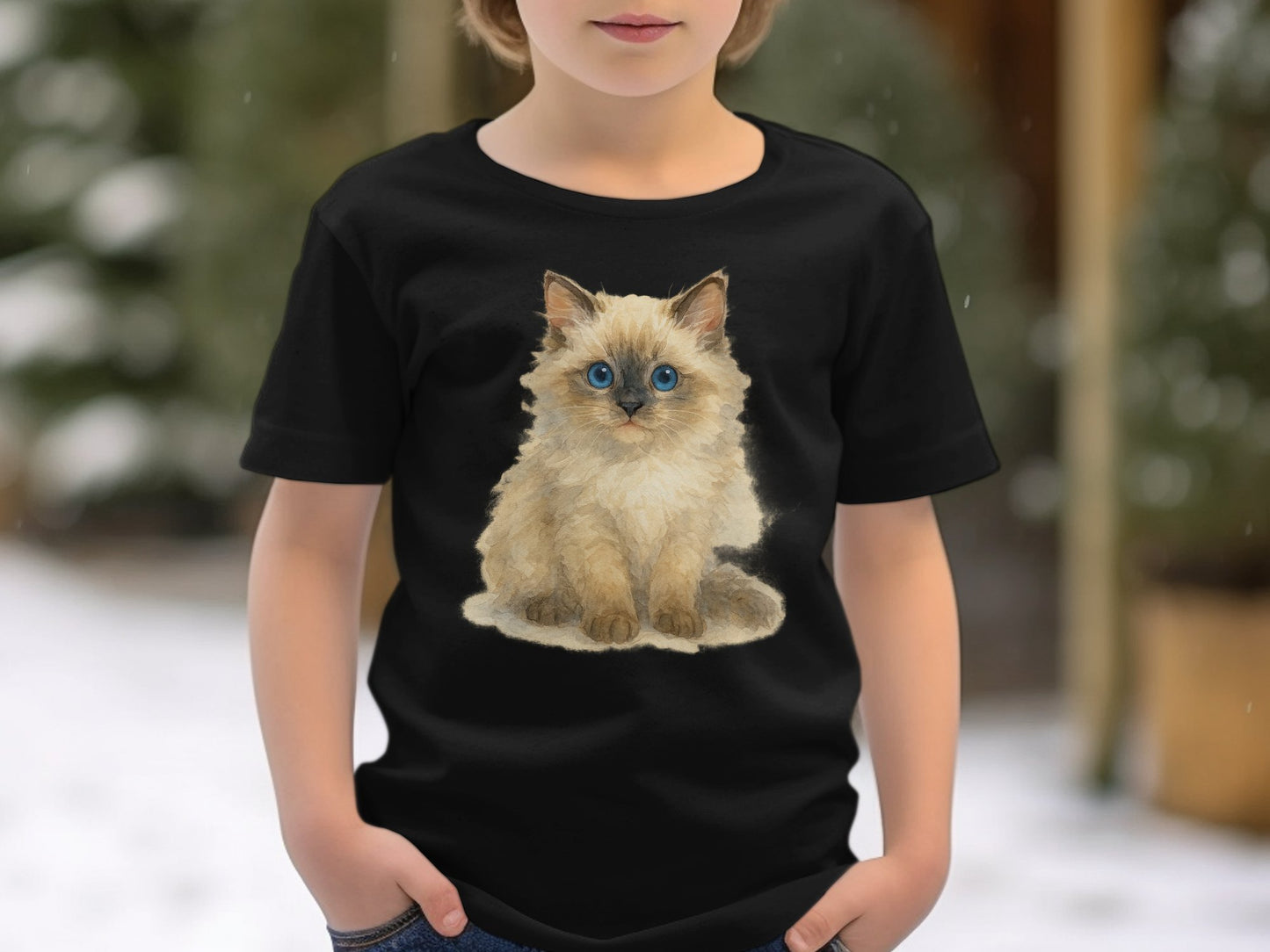 Cute Fluffy Cat Print on Kids Black T-Shirt product type