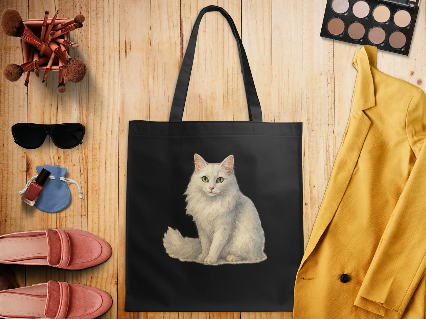 White Cat Print Black Tote Bag Fashion Product