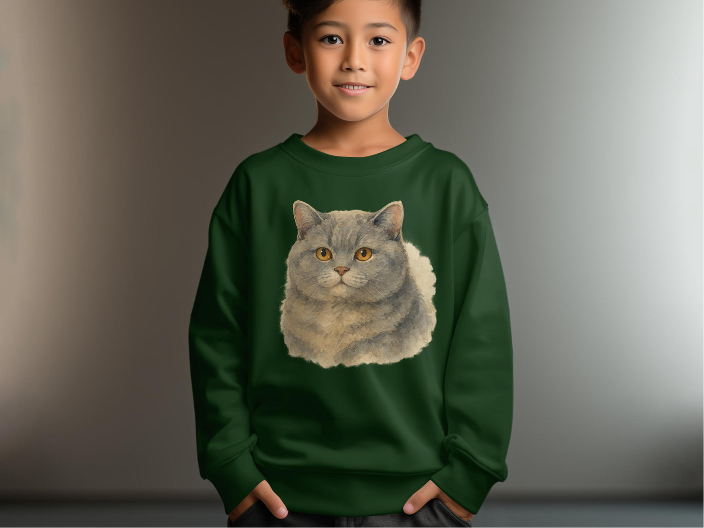 Youth green sweater with adorable cat print product
