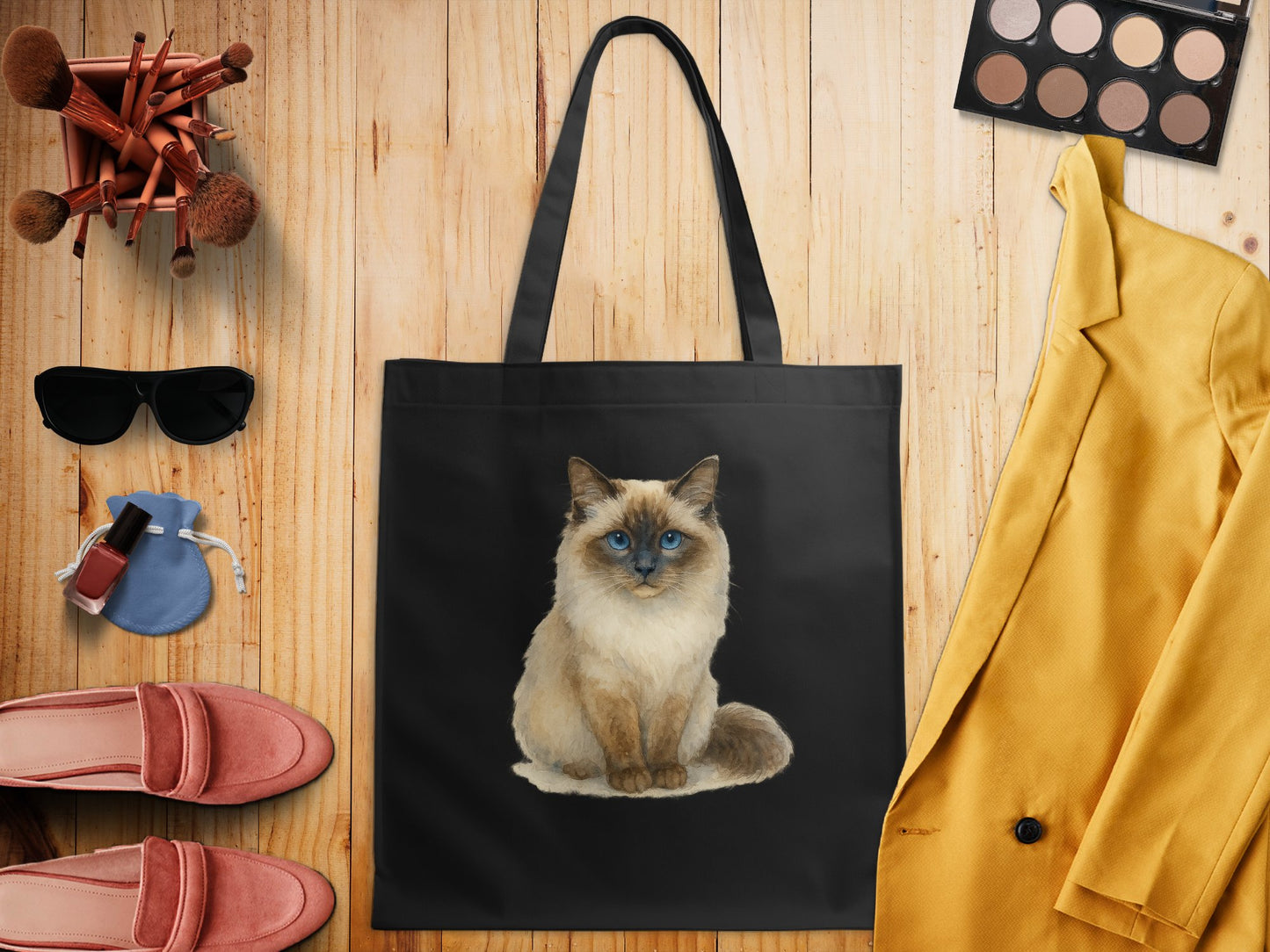 Black Tote Bag Featuring Blue-Eyed Siamese Cat product type