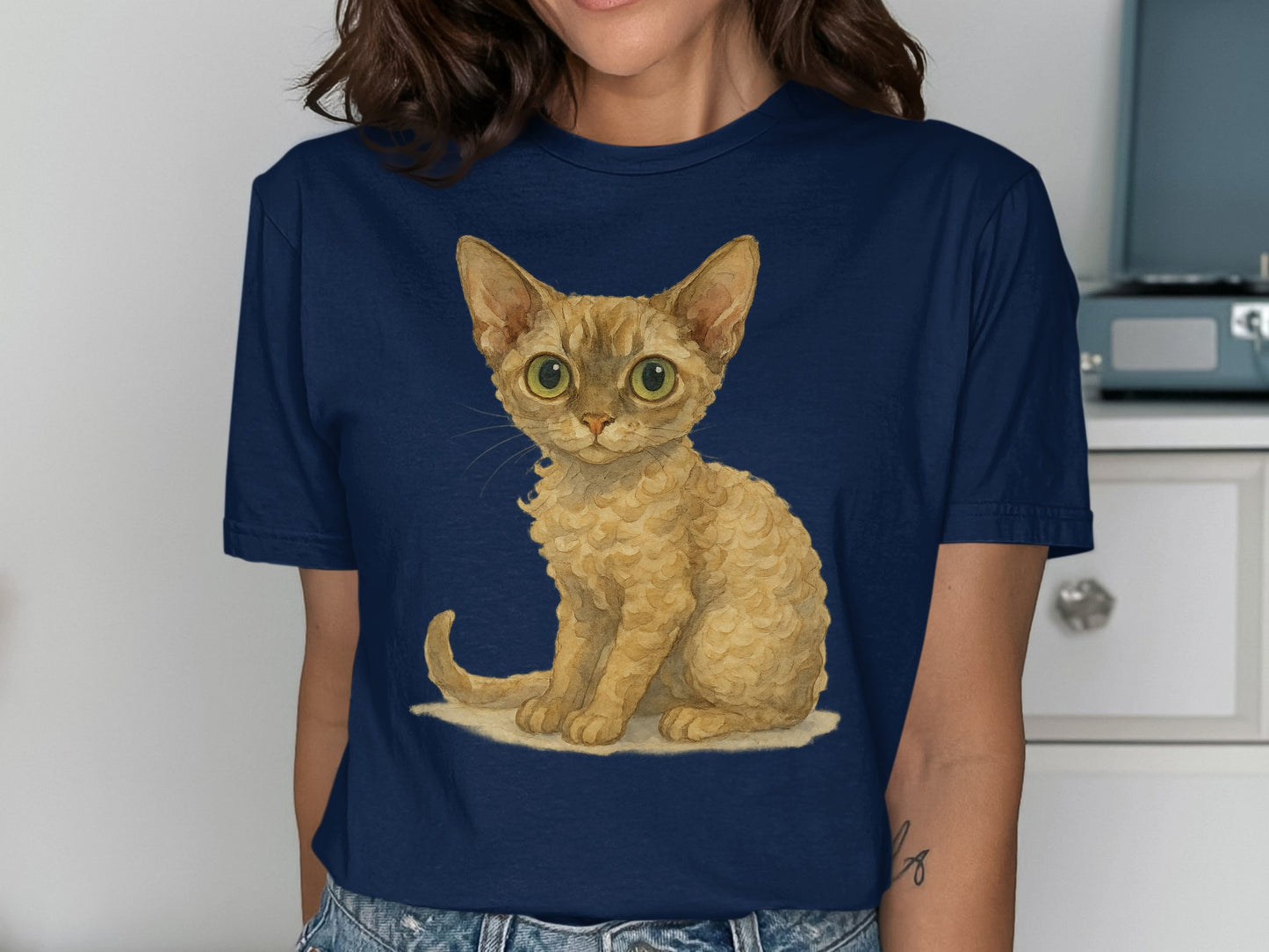 Cute Big-Eyed Cat Print on Women's Navy Blue Shirt product type