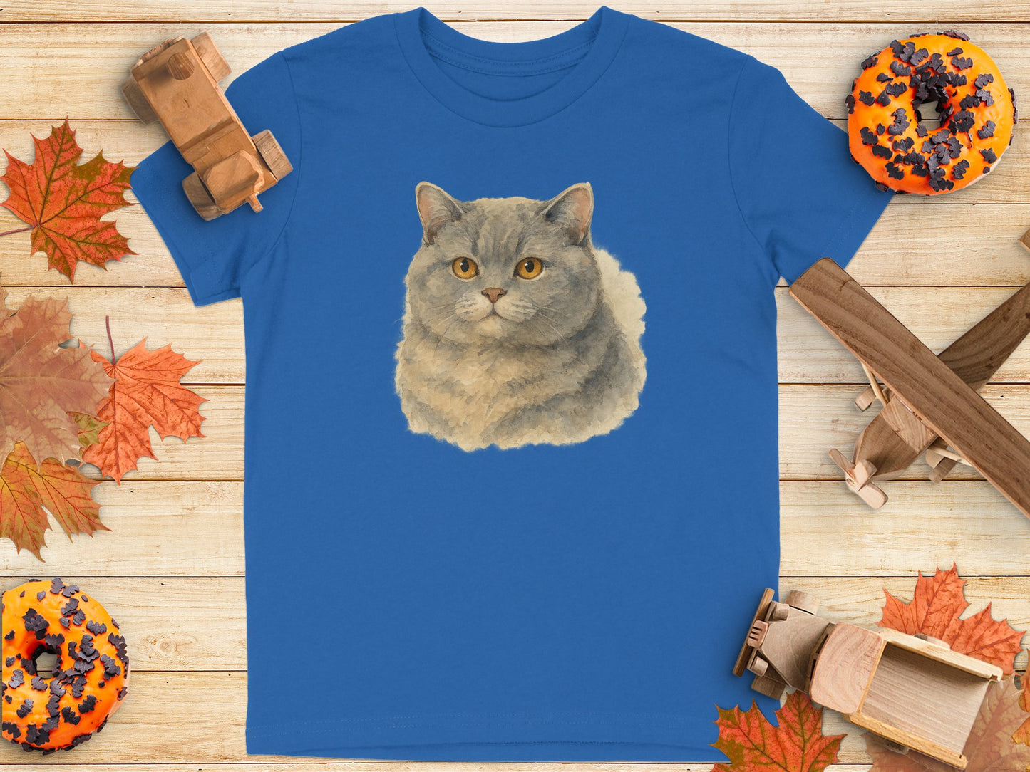 Adorable Gray Cat Design on Blue Casual T-Shirt product type