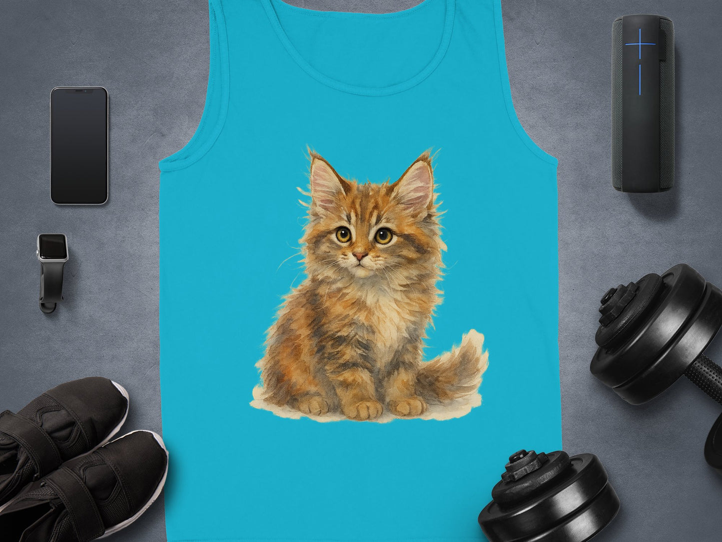 Cute Fluffy Kitten Printed Blue Tank Top product type