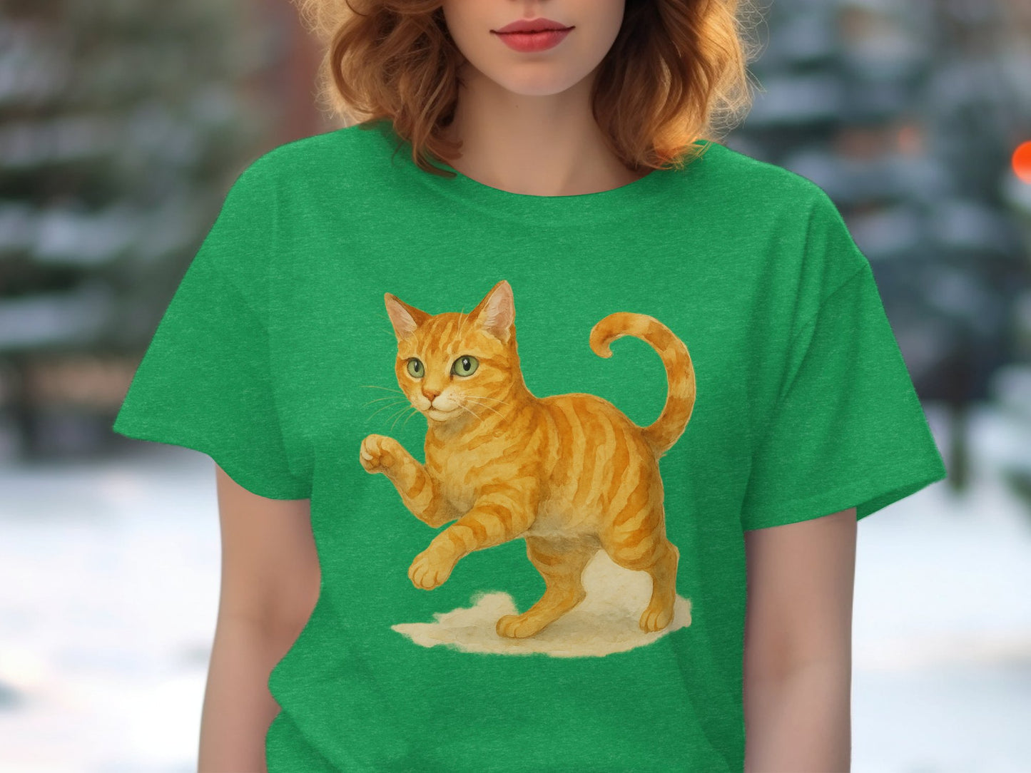 Cat Illustration Green T-Shirt for Casual Wear Product