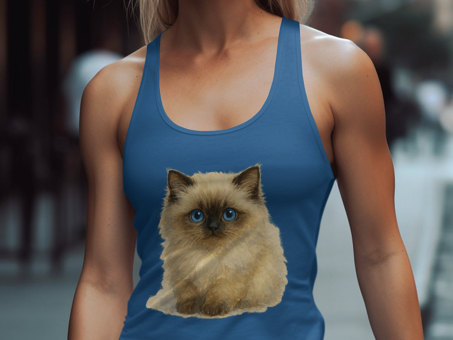 Cute Fluffy Cat Print on Blue Tank Top product