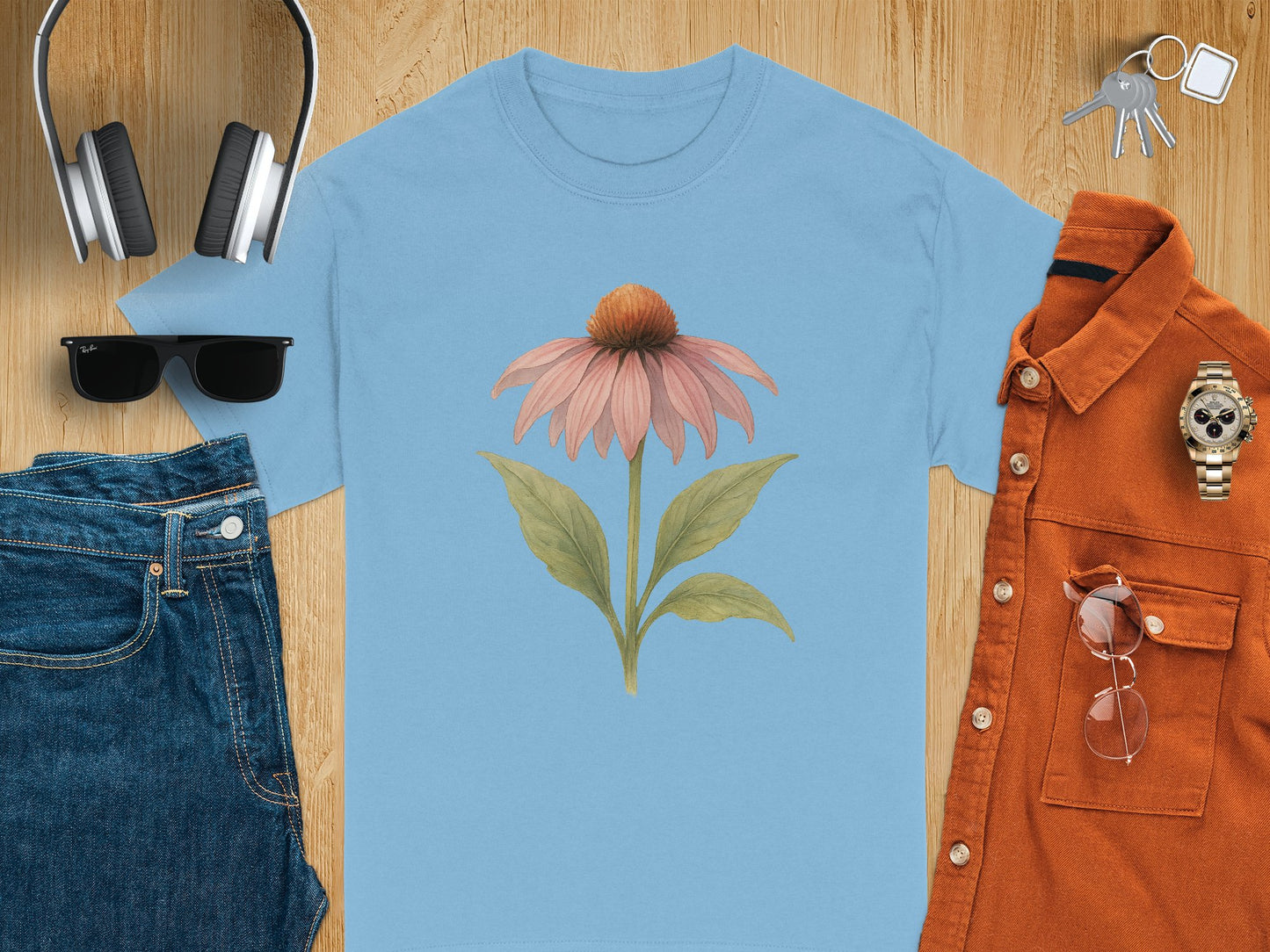 Stylish Blue T-Shirt with Flower Design Fashionable product type