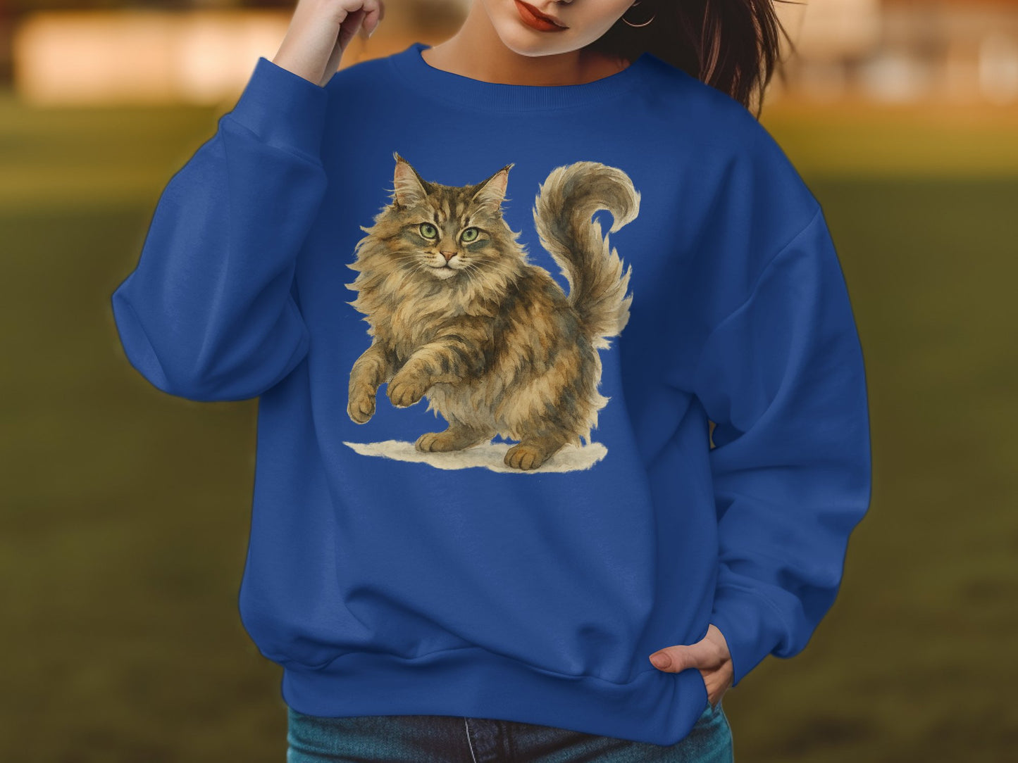 Fluffy Cat Print on Casual Blue Sweatshirt product