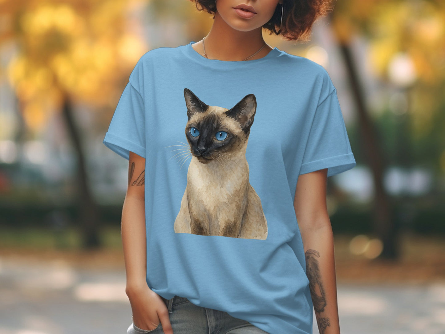 Blue T-Shirt with Realistic Siamese Cat Print product