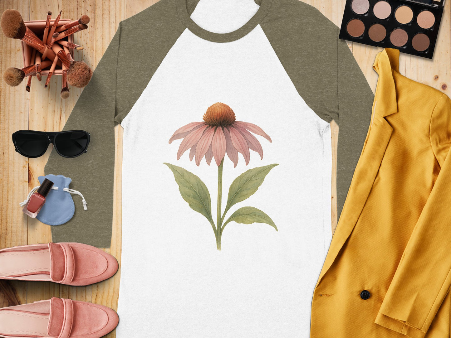 Floral Baseball Tee with Olive Raglan Sleeves product