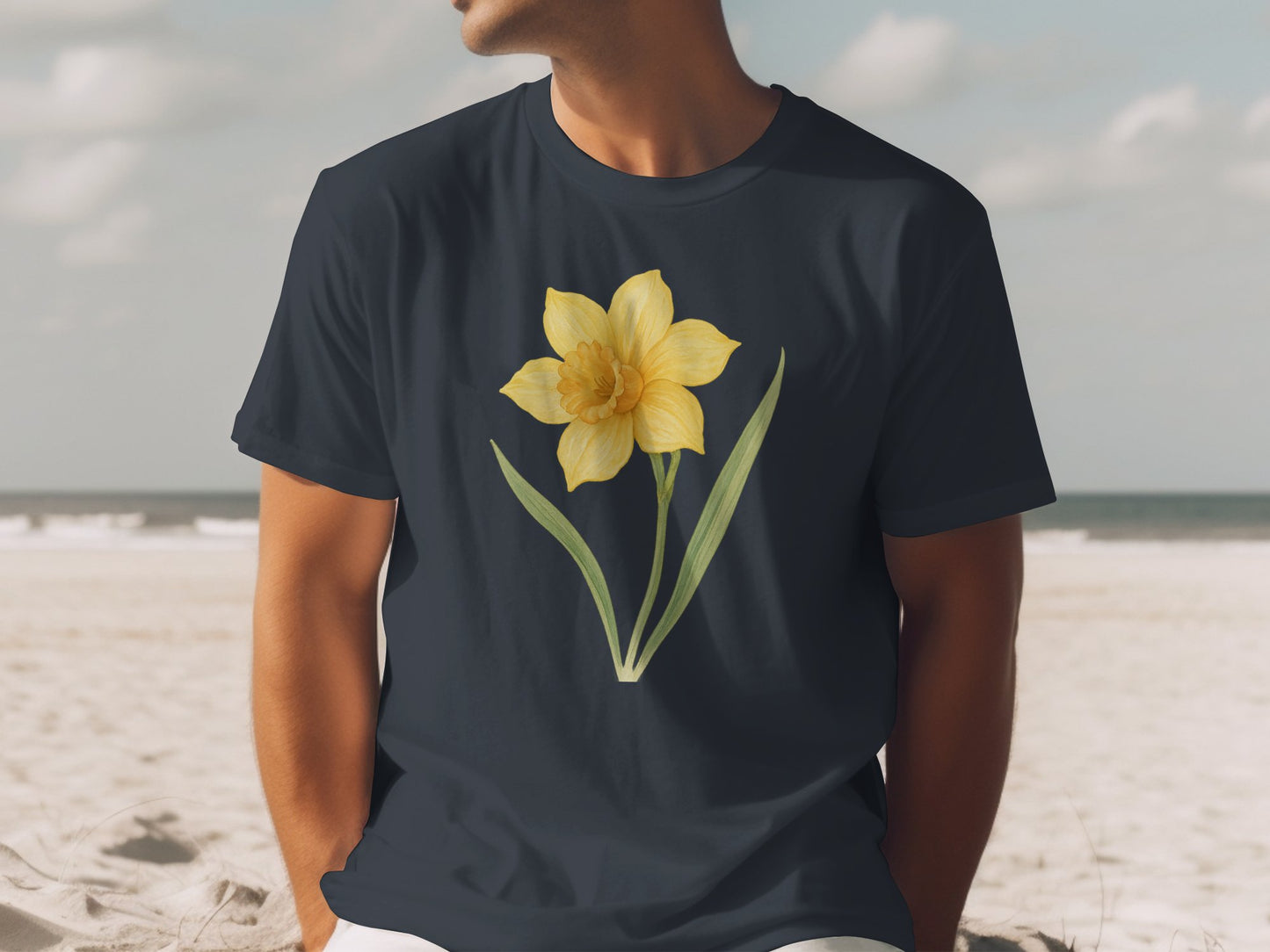 Yellow Daffodil Graphic on Beach Background Shirt product