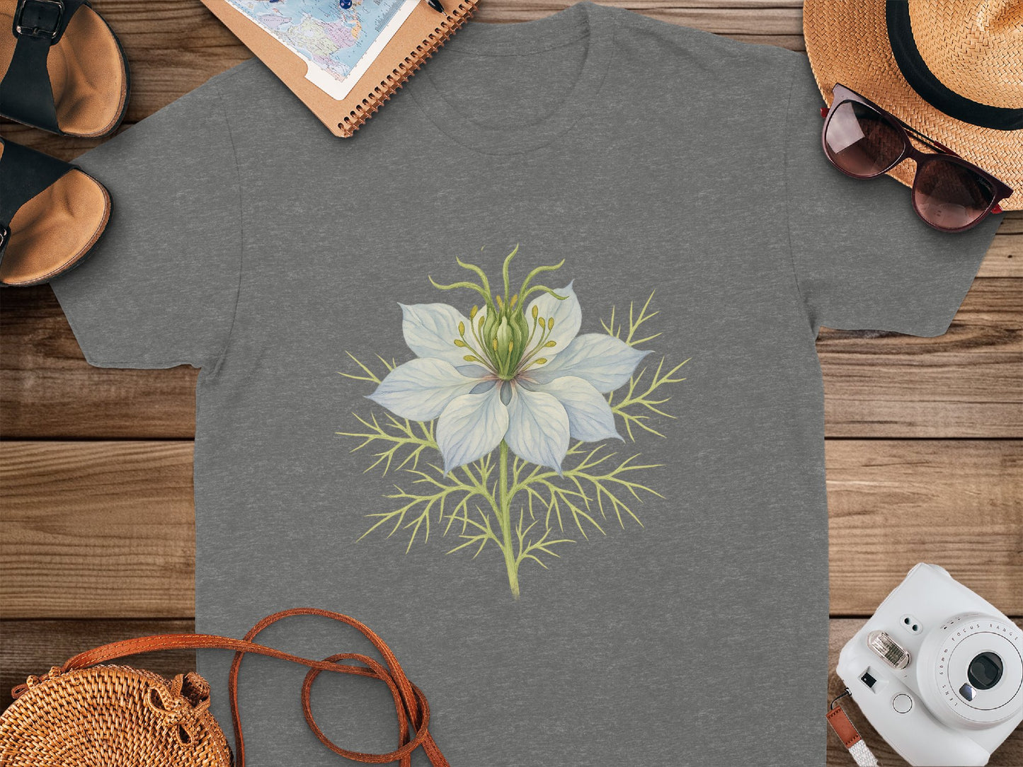 Beautiful White Flower Graphic Design on Grey T-Shirt product