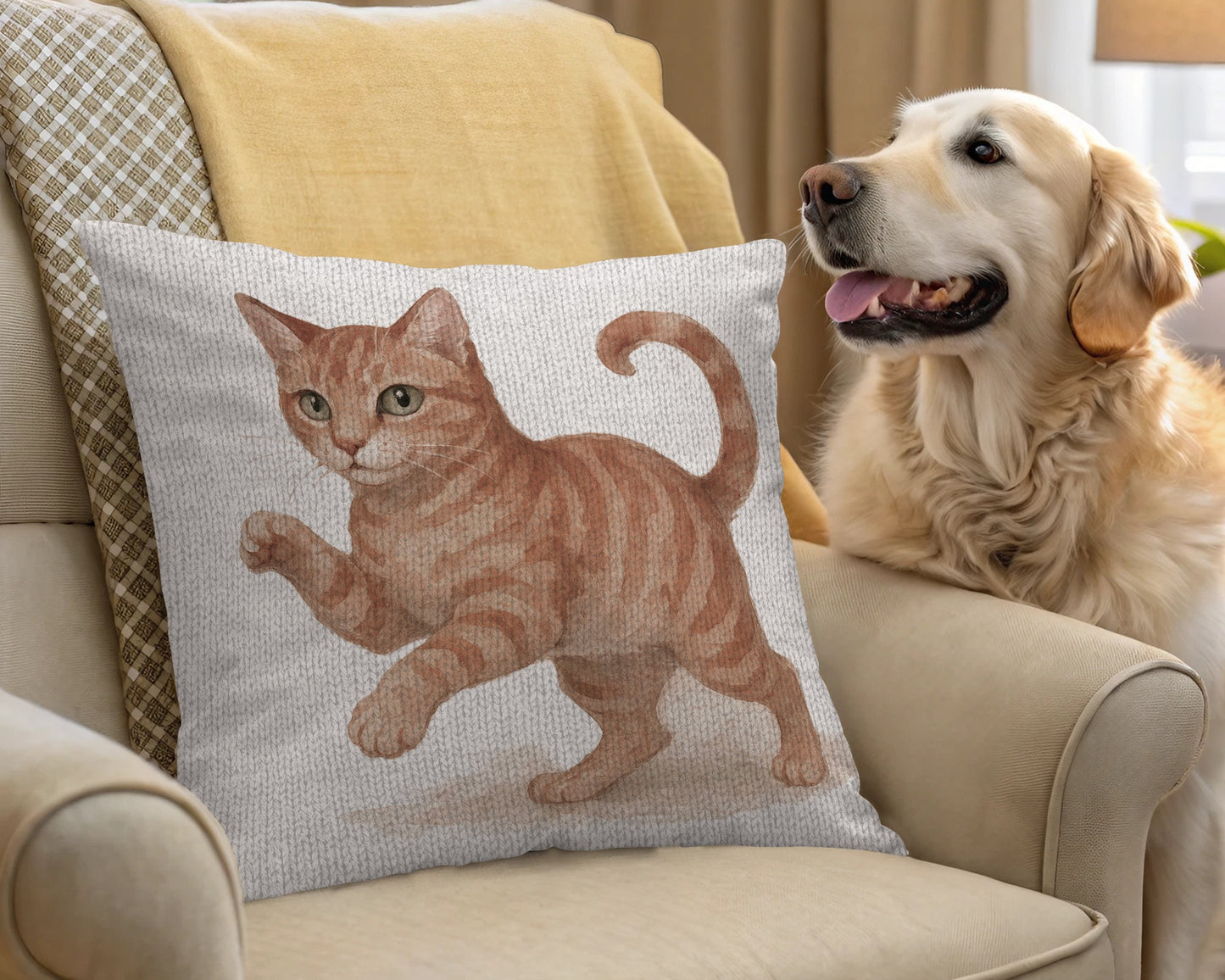 Golden Retriever Observing Playful Cat Pillow product