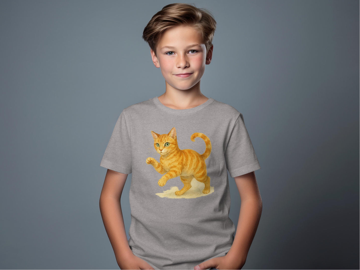 Cute Orange Cat Print on Gray Kids T-Shirt product