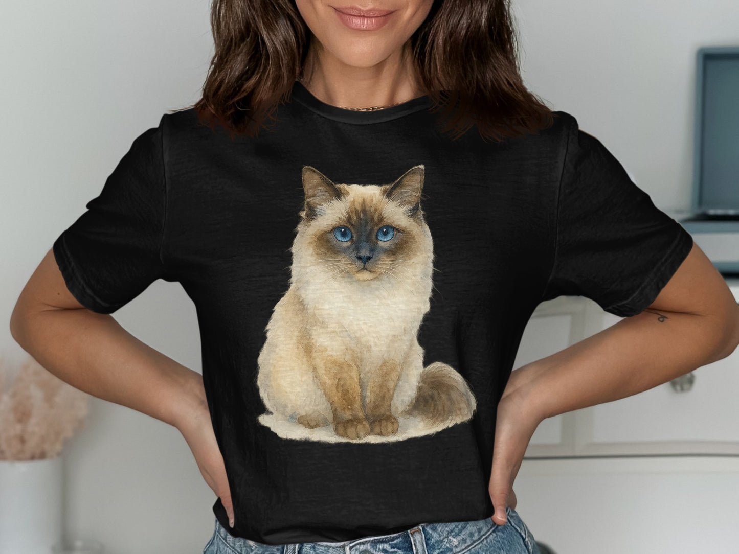 Cute Cat Graphic Design Casual Black T-Shirt product