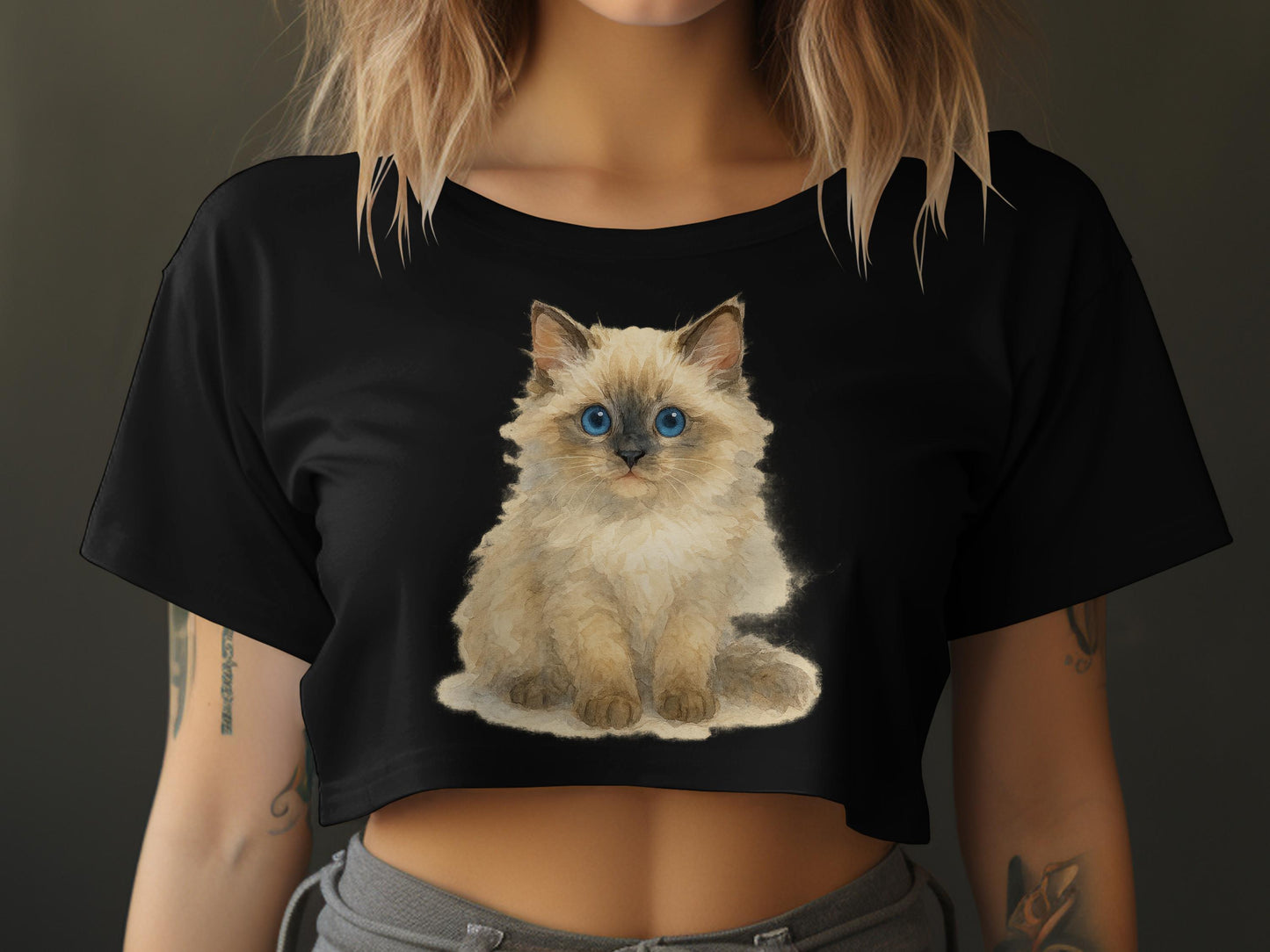 Cute Fluffy Blue Eyed Kitten Design on Black Crop Top