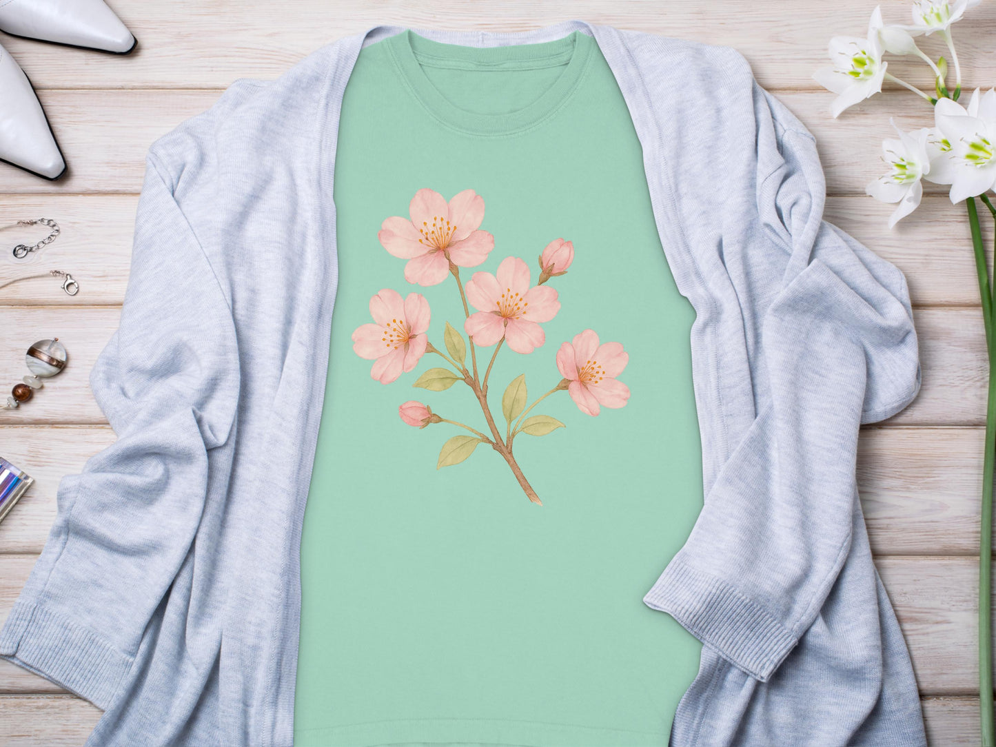 Beautiful Peach Blossom Design on Mint Green Shirt product