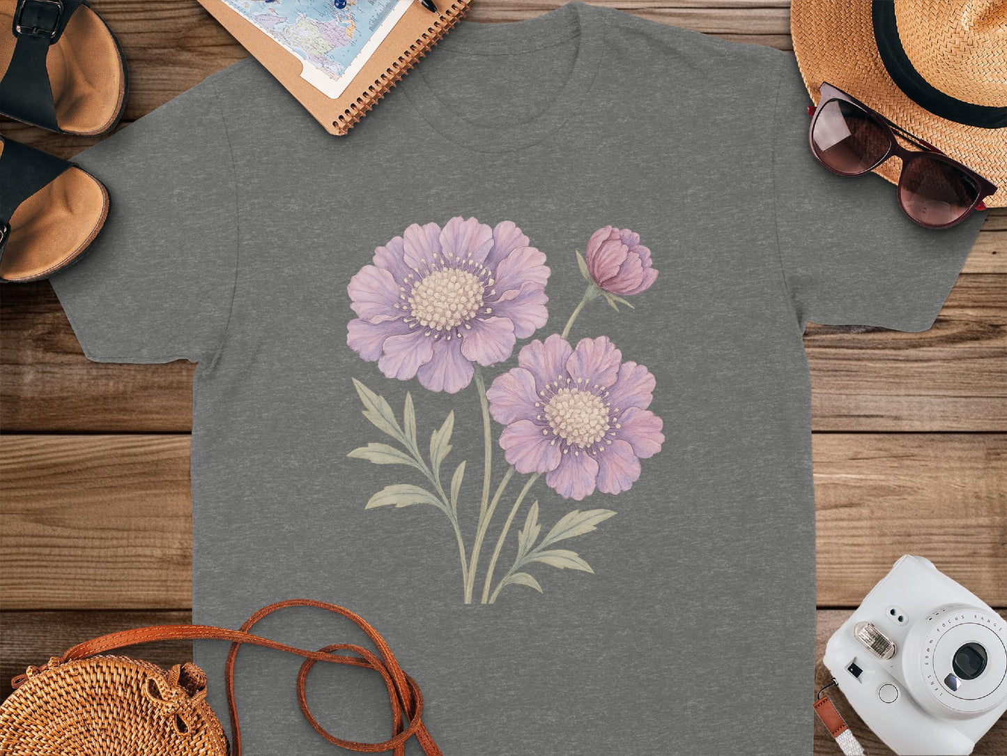 Purple Floral Pattern Gray T-Shirt Casual Clothing product