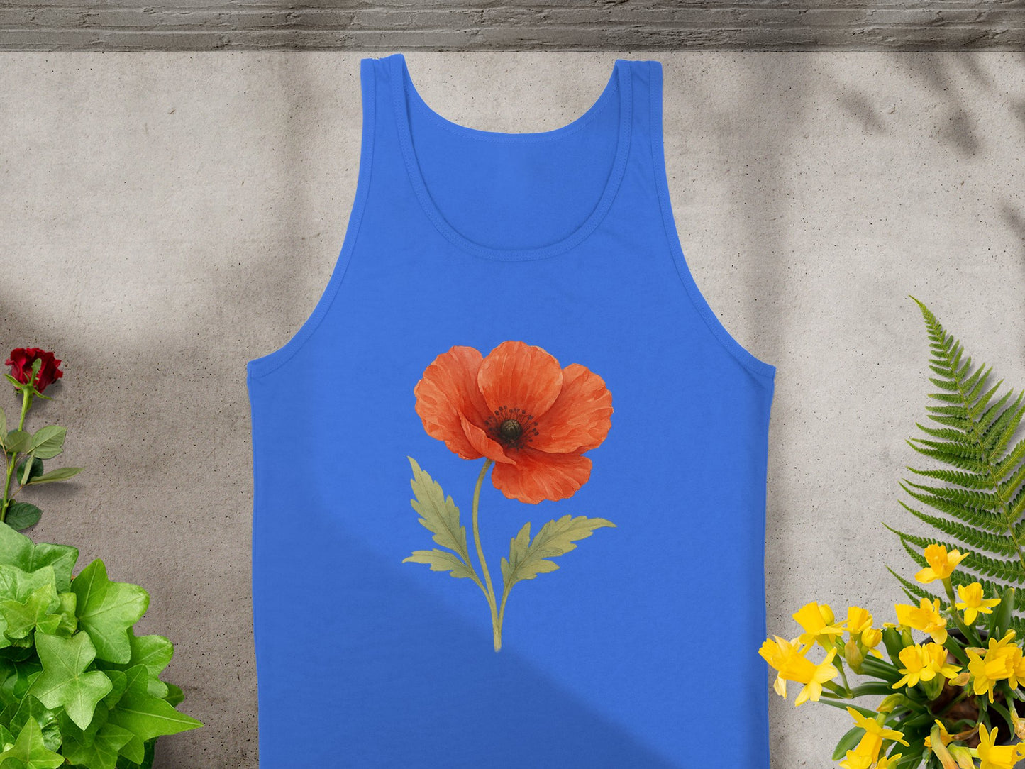 Red Poppy Floral Design on Blue Sleeveless Shirt product type